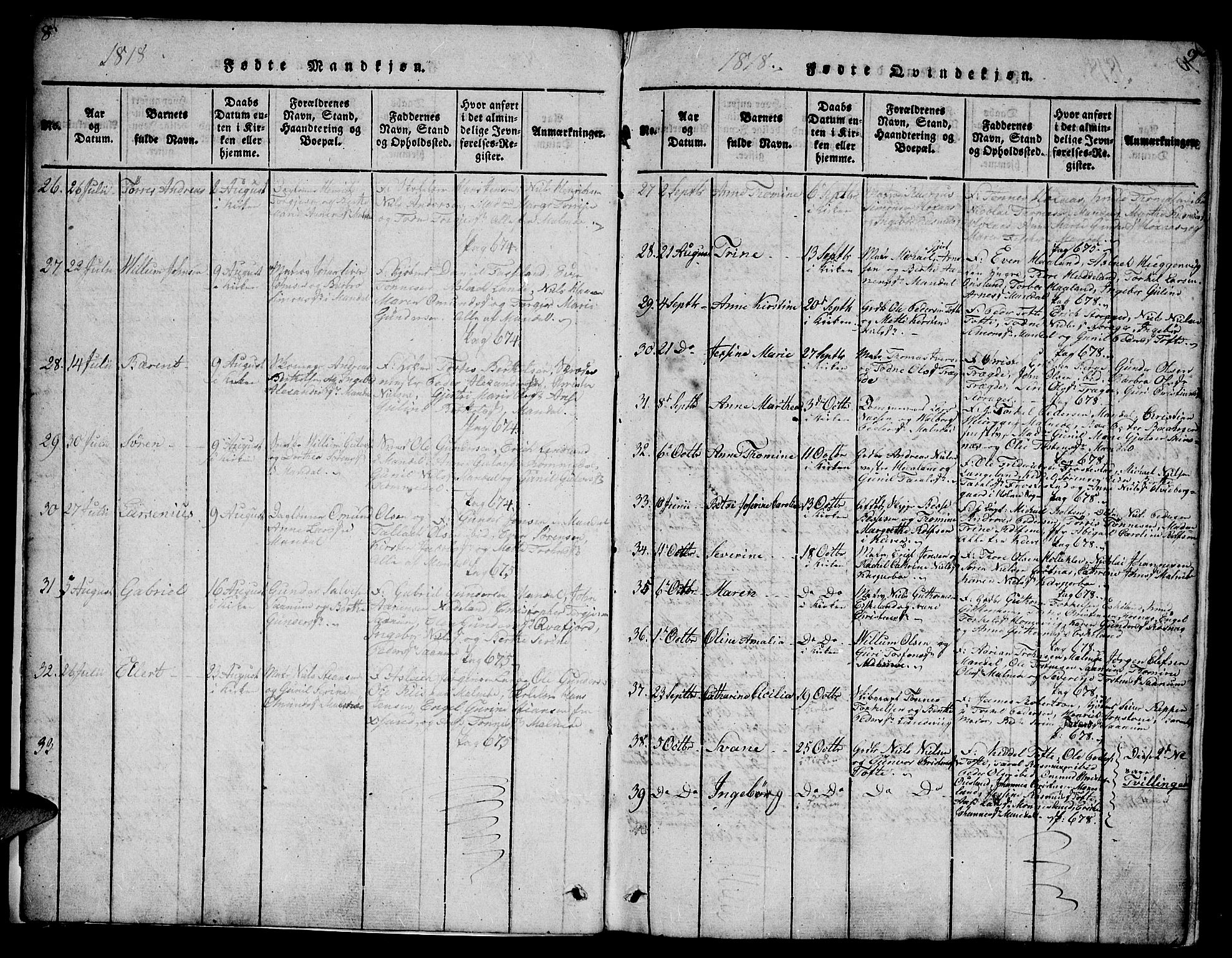Mandal sokneprestkontor, SAK/1111-0030/F/Fb/Fba/L0001: Parish register (copy) no. B 1, 1818-1830, p. 8-9