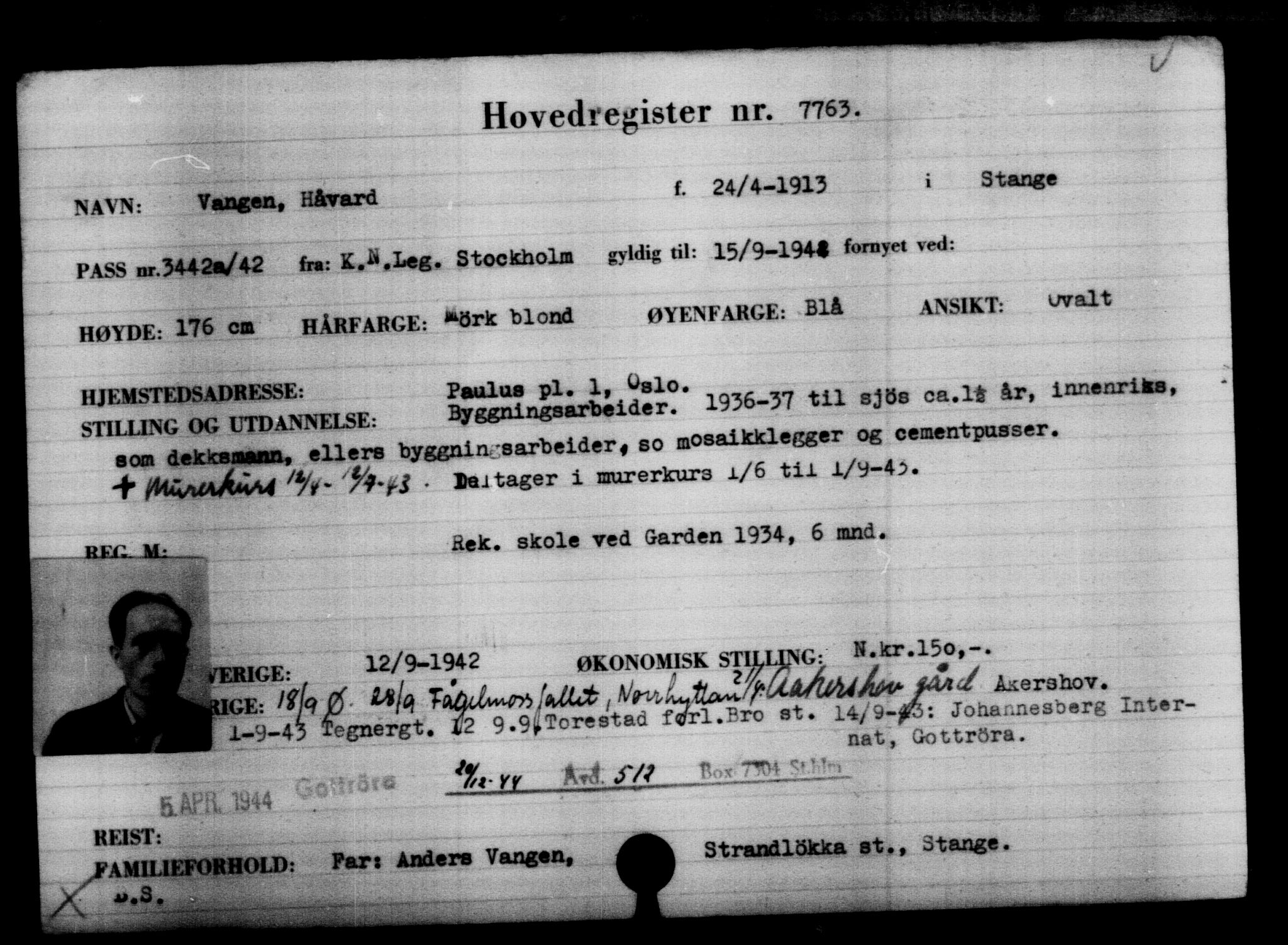 Utenriksstasjonene, Legasjonen i Stockholm, Flyktningkontoret, AV/RA-S-6753/V/Va/L0005: Kjesäterkartoteket, flyktninger med registreringsnr. 6600-9417, 1940-1945, p. 1361
