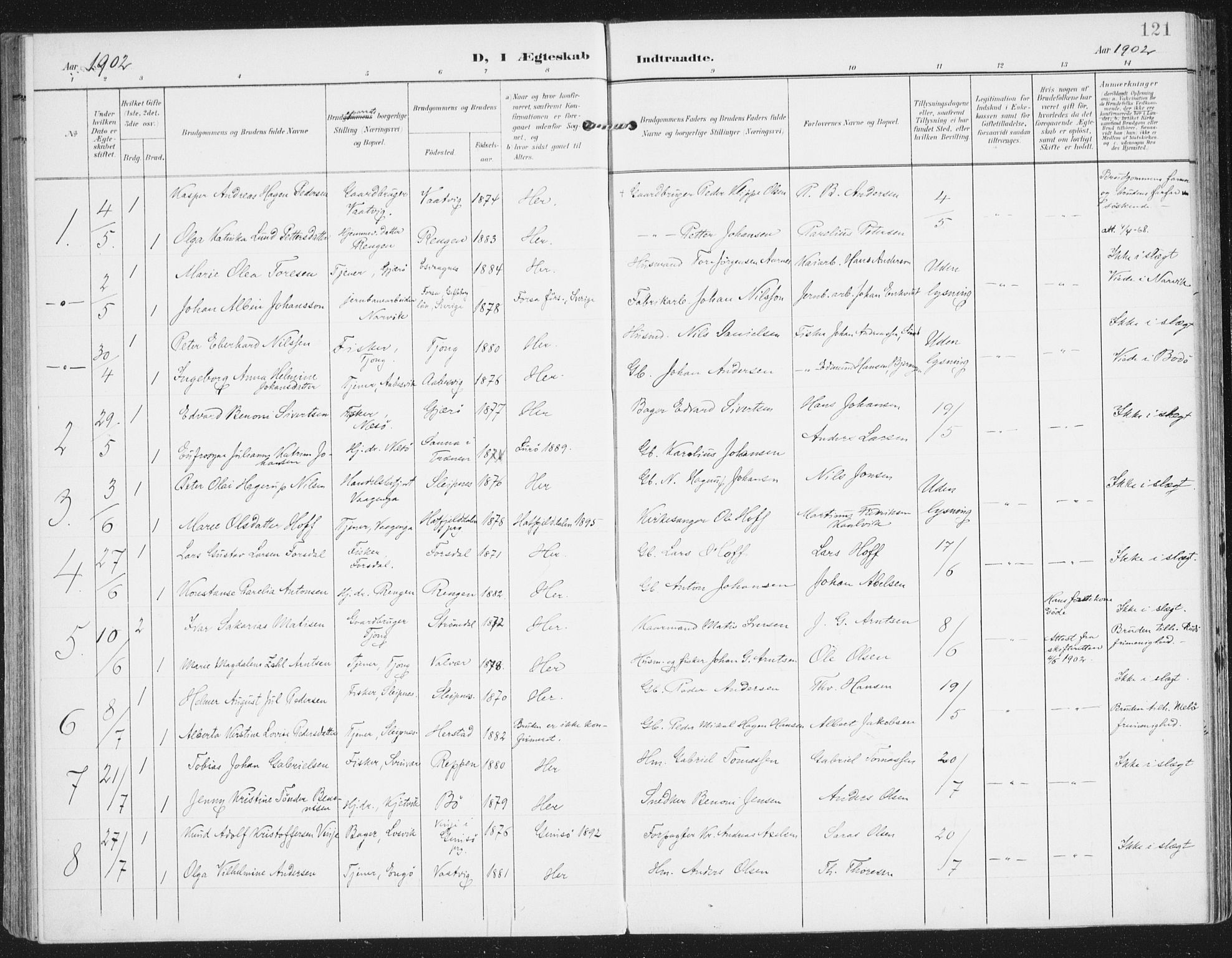 Ministerialprotokoller, klokkerbøker og fødselsregistre - Nordland, AV/SAT-A-1459/841/L0612: Parish register (official) no. 841A15, 1902-1910, p. 121