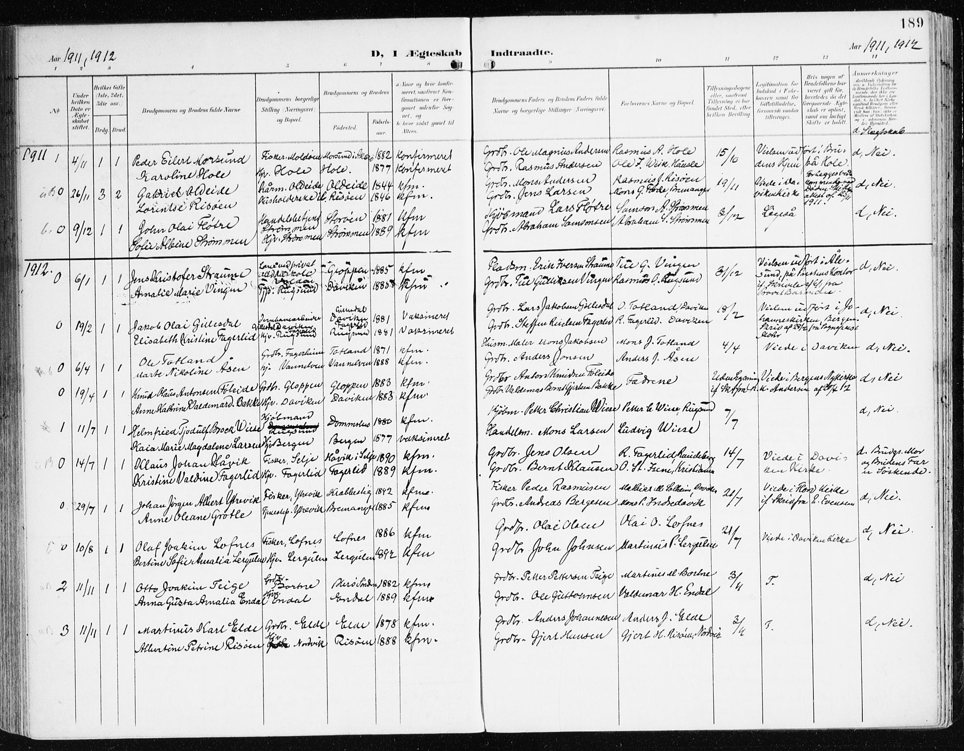 Davik sokneprestembete, AV/SAB-A-79701/H/Haa/Haad/L0002: Parish register (official) no. D 2, 1901-1930, p. 189