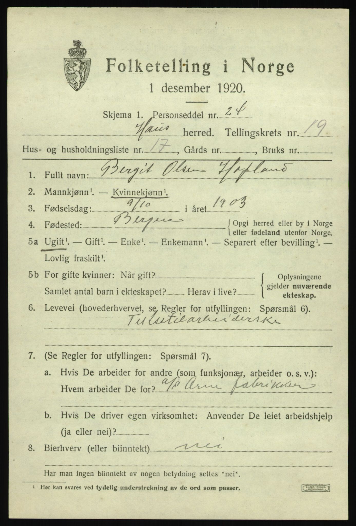 SAB, 1920 census for Haus, 1920, p. 12604