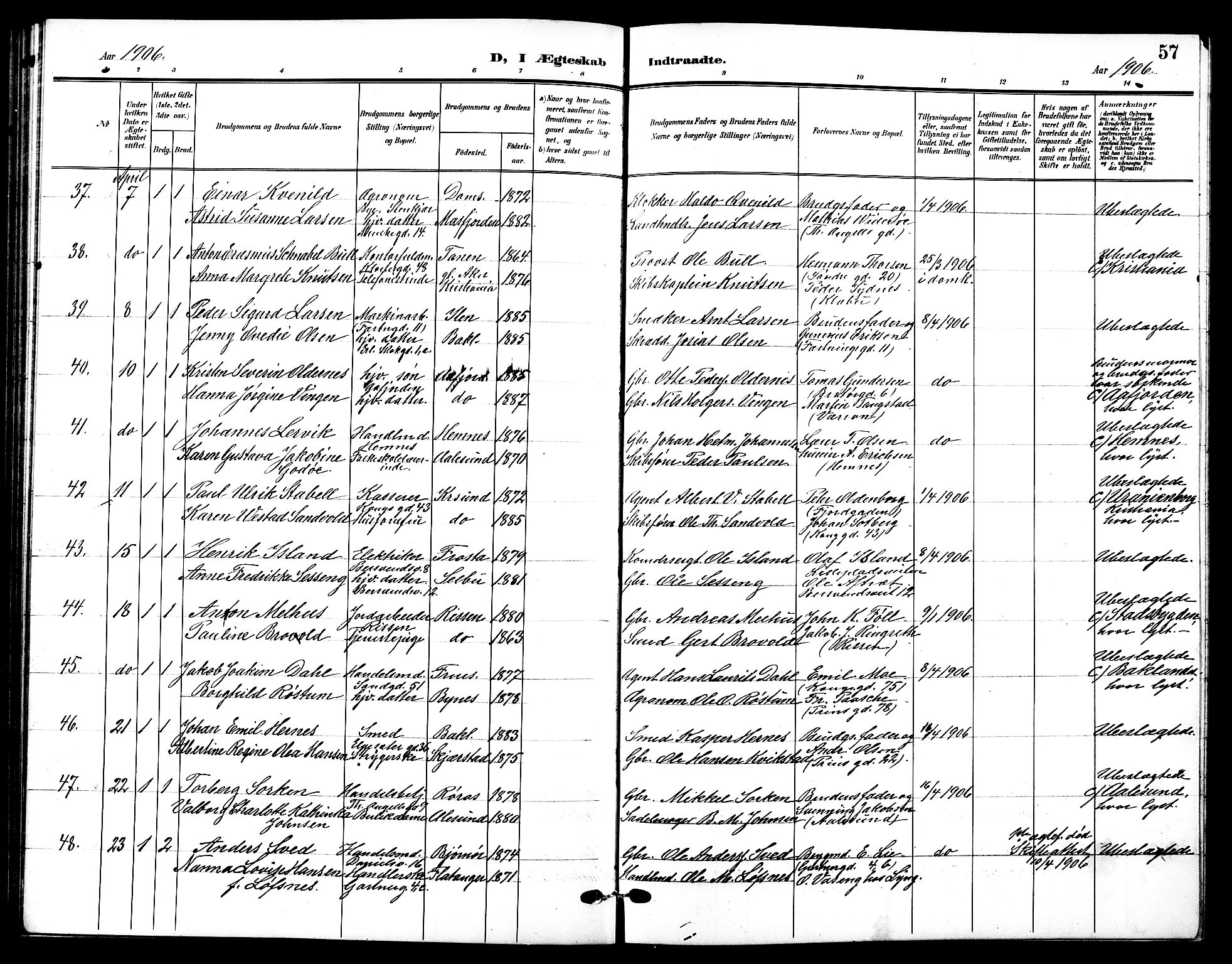 Ministerialprotokoller, klokkerbøker og fødselsregistre - Sør-Trøndelag, AV/SAT-A-1456/601/L0095: Parish register (copy) no. 601C13, 1902-1911, p. 57