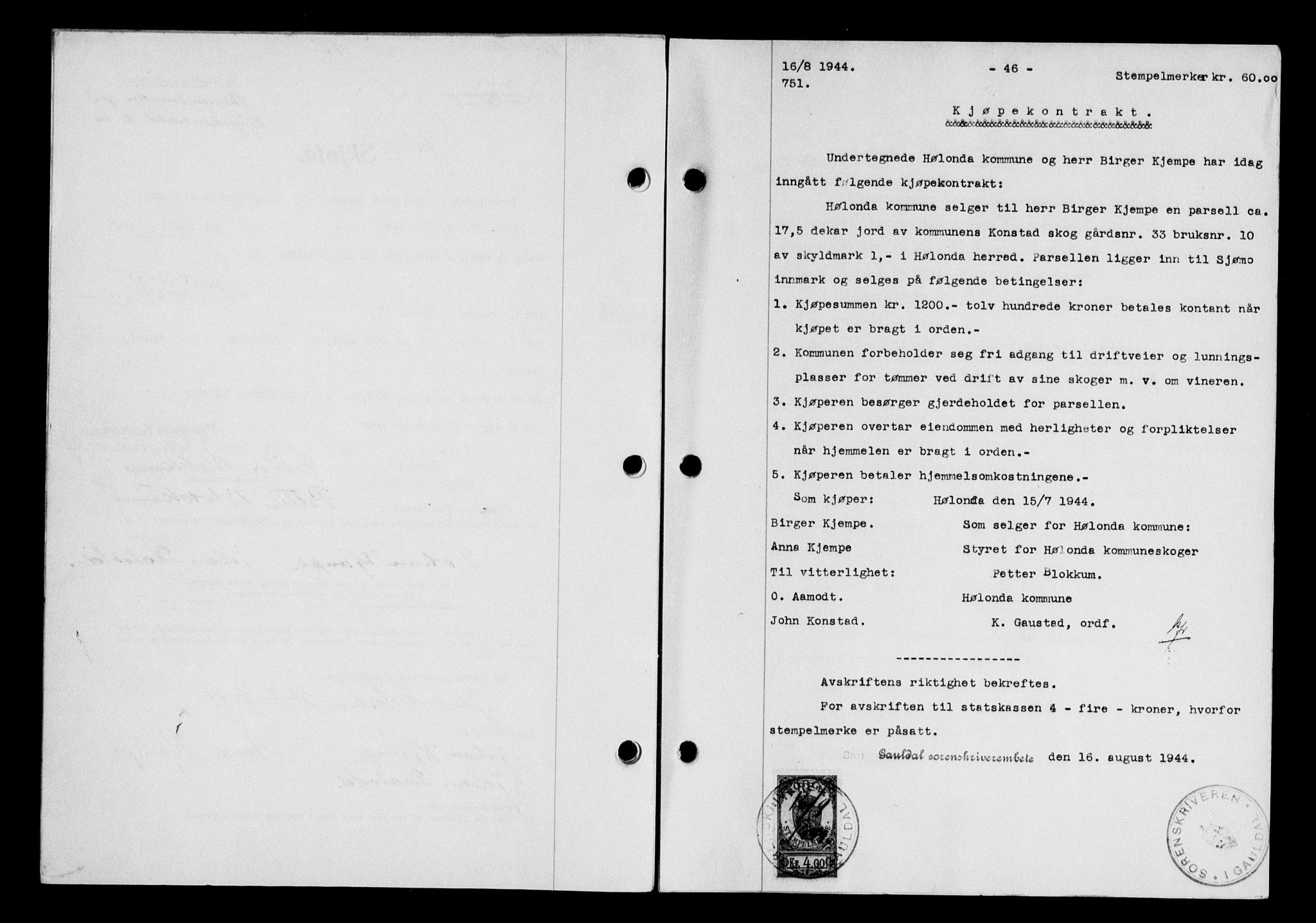 Gauldal sorenskriveri, SAT/A-0014/1/2/2C/L0058: Mortgage book no. 63, 1944-1945, Diary no: : 751/1944