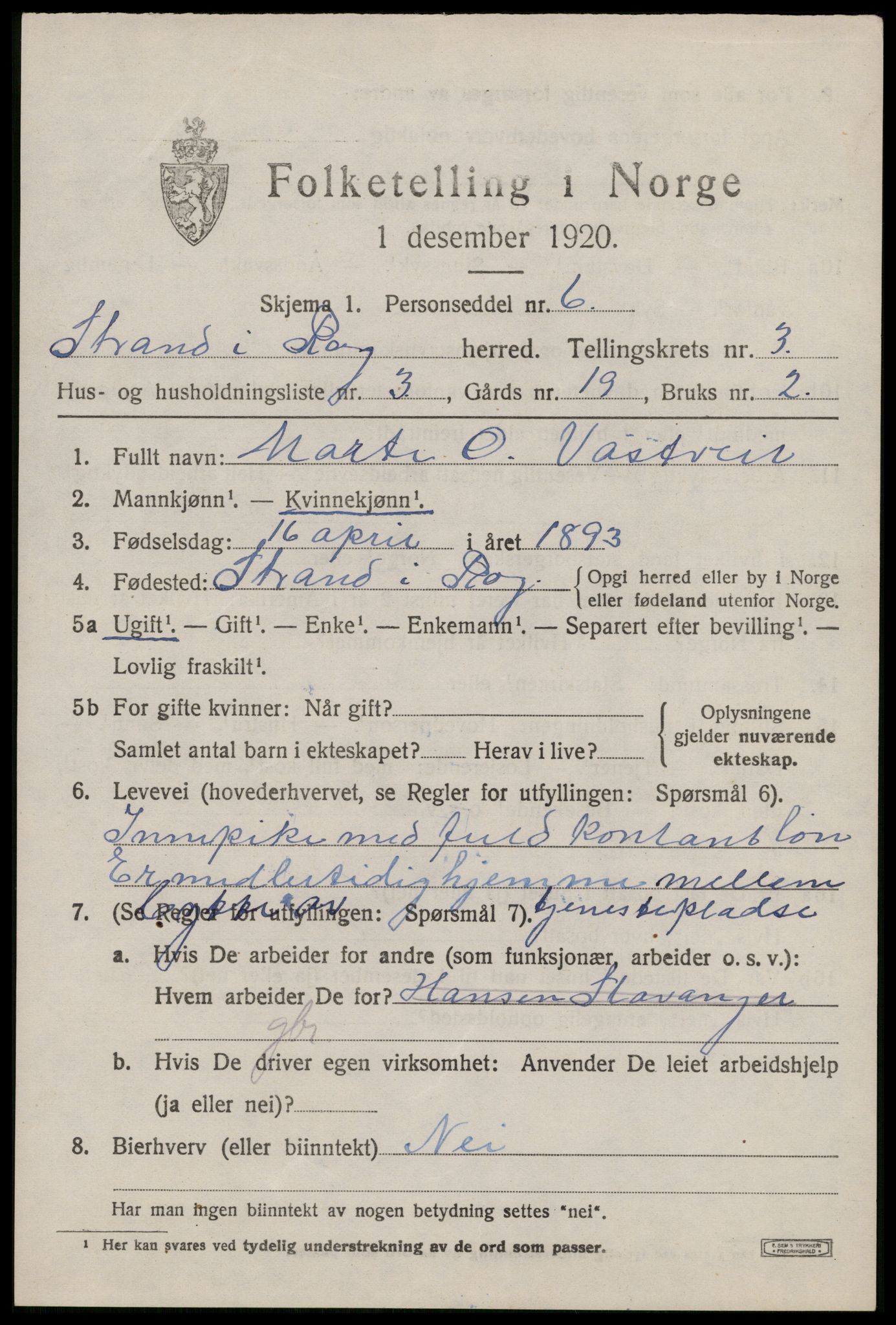 SAST, 1920 census for Strand, 1920, p. 2338