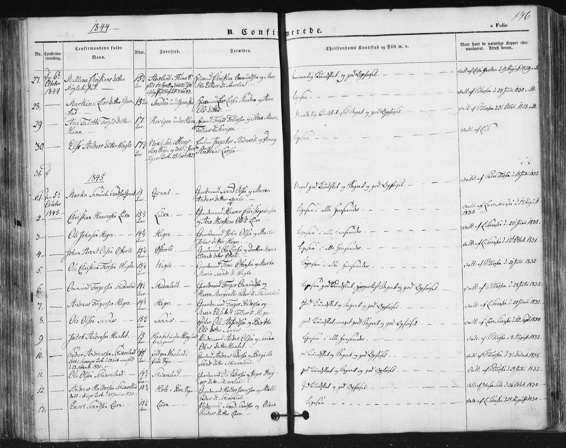 Høyland sokneprestkontor, SAST/A-101799/001/30BA/L0008: Parish register (official) no. A 8, 1841-1856, p. 146