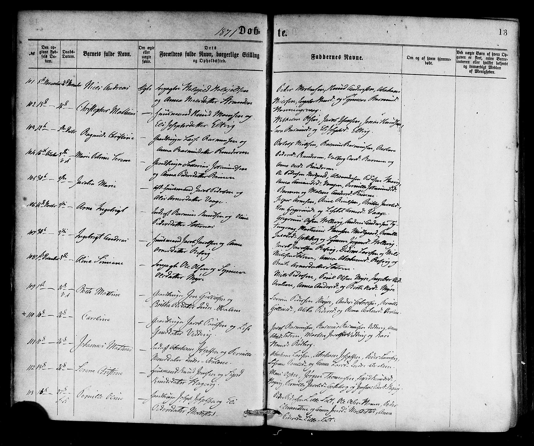 Selje sokneprestembete, SAB/A-99938/H/Ha/Haa/Haaa: Parish register (official) no. A 12, 1870-1880, p. 13