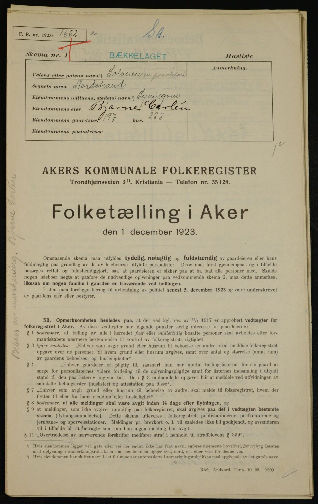 , Municipal Census 1923 for Aker, 1923, p. 46083