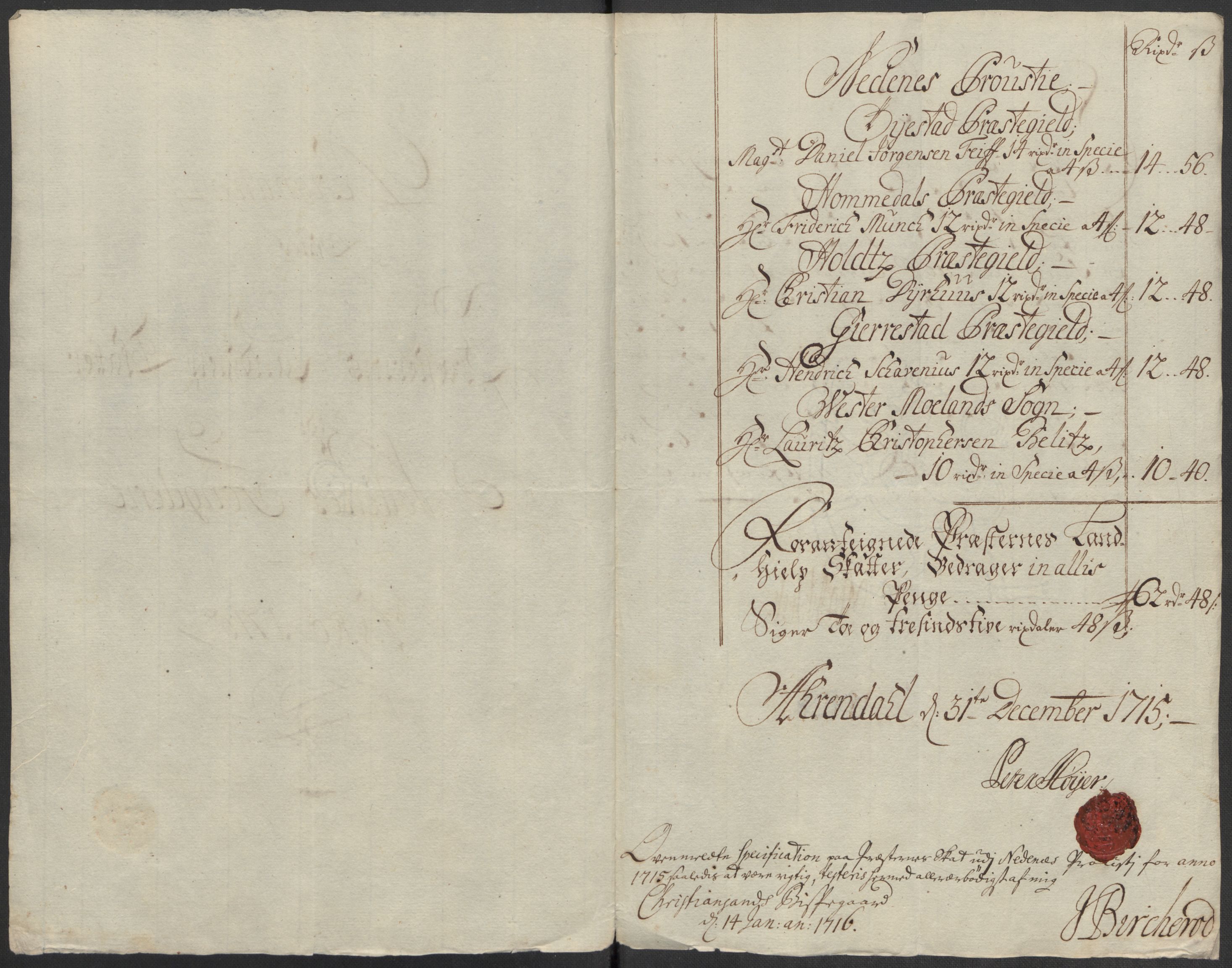 Rentekammeret inntil 1814, Reviderte regnskaper, Fogderegnskap, AV/RA-EA-4092/R39/L2323: Fogderegnskap Nedenes, 1715, p. 26