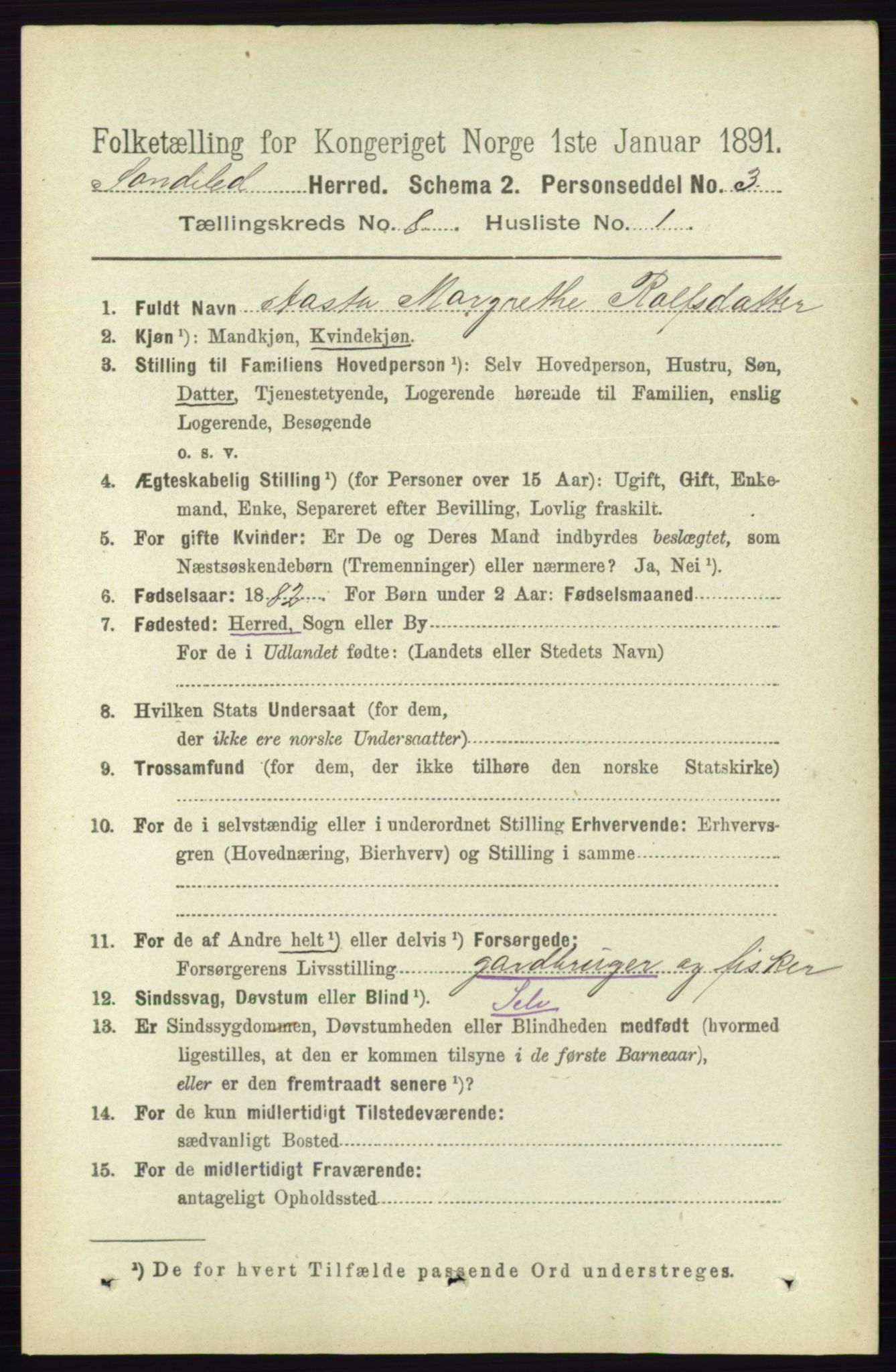 RA, 1891 census for 0913 Søndeled, 1891, p. 2573