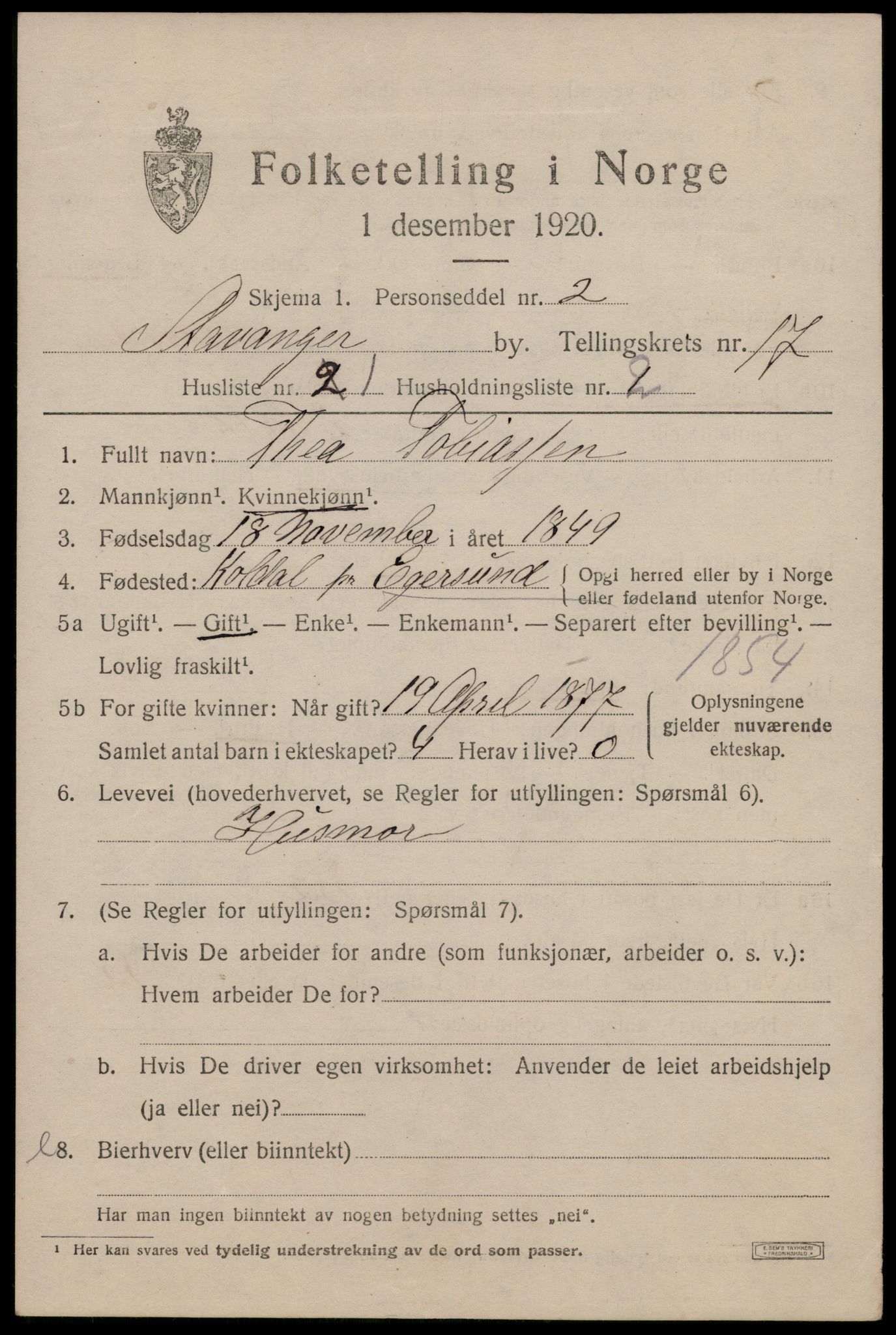 SAST, 1920 census for Stavanger, 1920, p. 65232