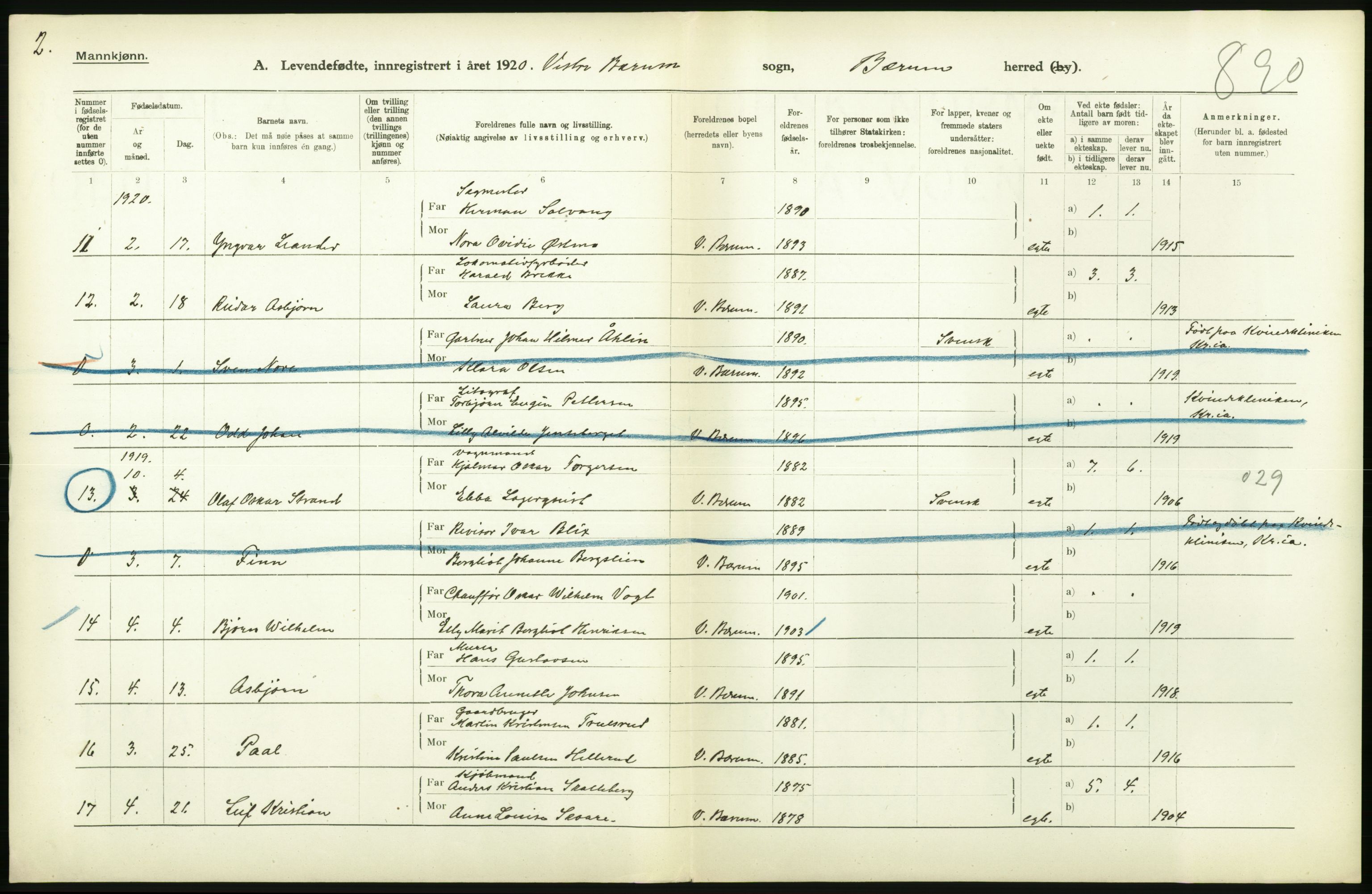 Statistisk sentralbyrå, Sosiodemografiske emner, Befolkning, AV/RA-S-2228/D/Df/Dfb/Dfbj/L0004: Akershus fylke: Levendefødte menn og kvinner. Bygder., 1920, p. 374