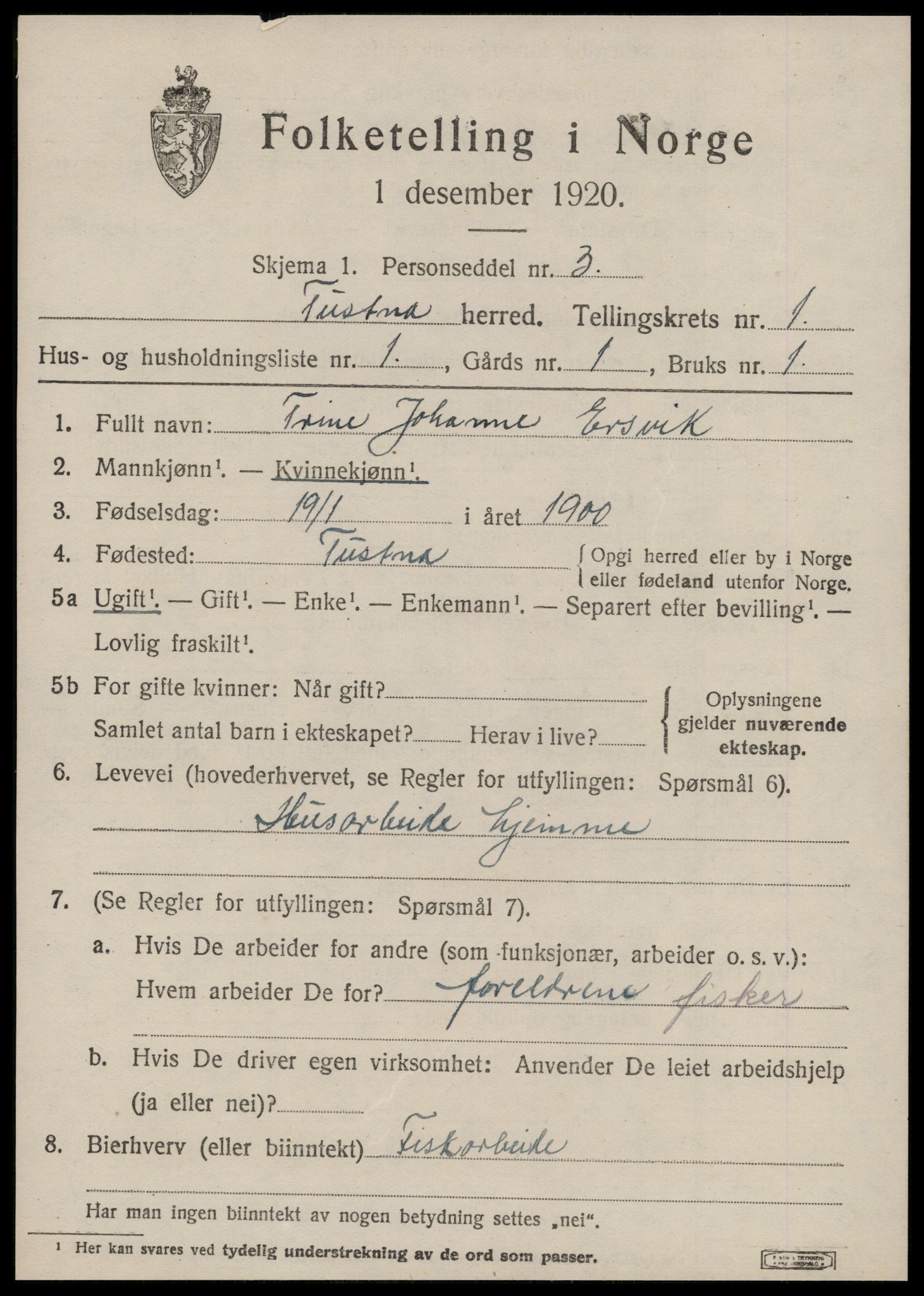 SAT, 1920 census for Tustna, 1920, p. 599