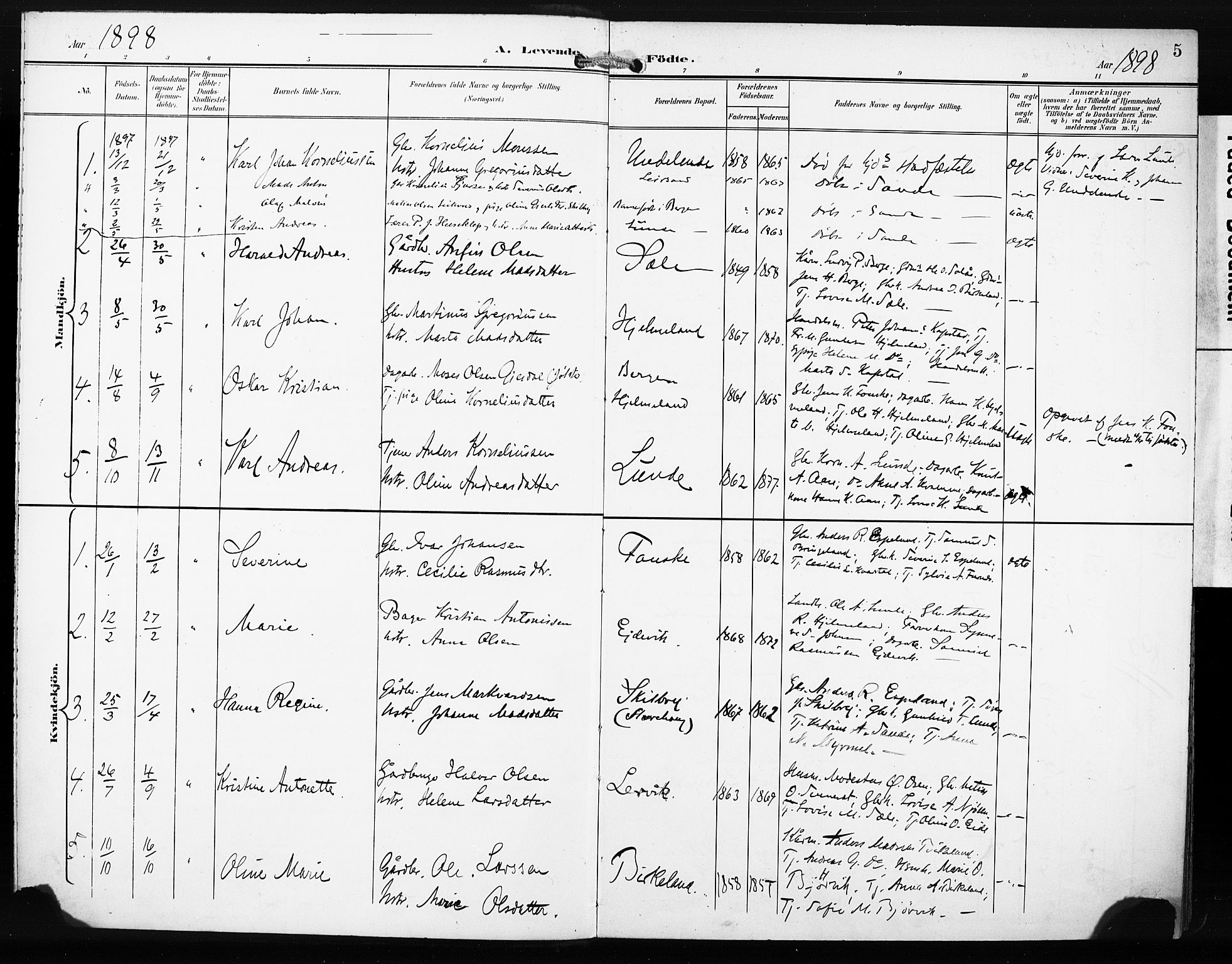 Gaular sokneprestembete, SAB/A-80001/H/Haa: Parish register (official) no. C 2, 1898-1910, p. 5