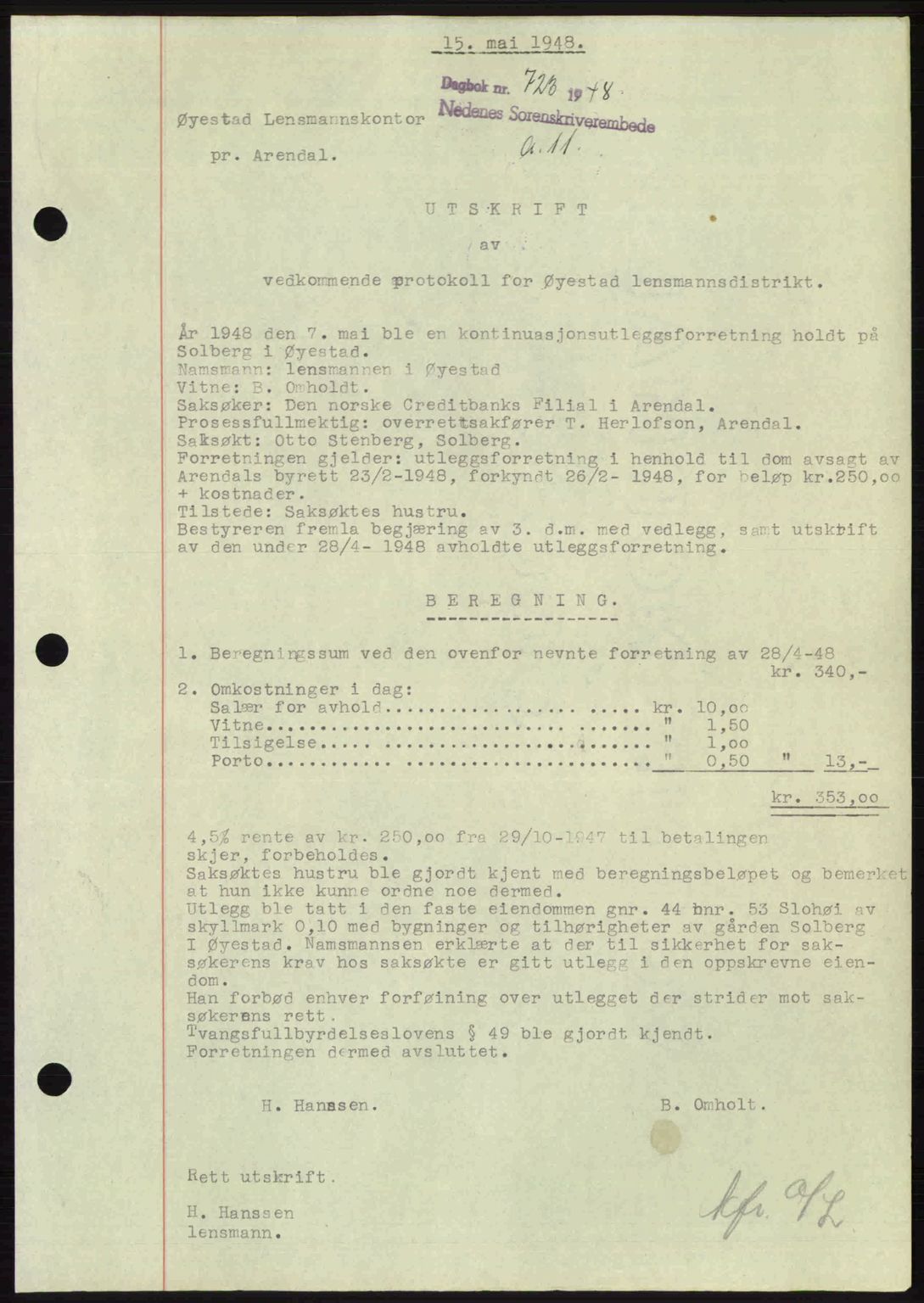 Nedenes sorenskriveri, SAK/1221-0006/G/Gb/Gba/L0059: Mortgage book no. A11, 1948-1948, Diary no: : 723/1948