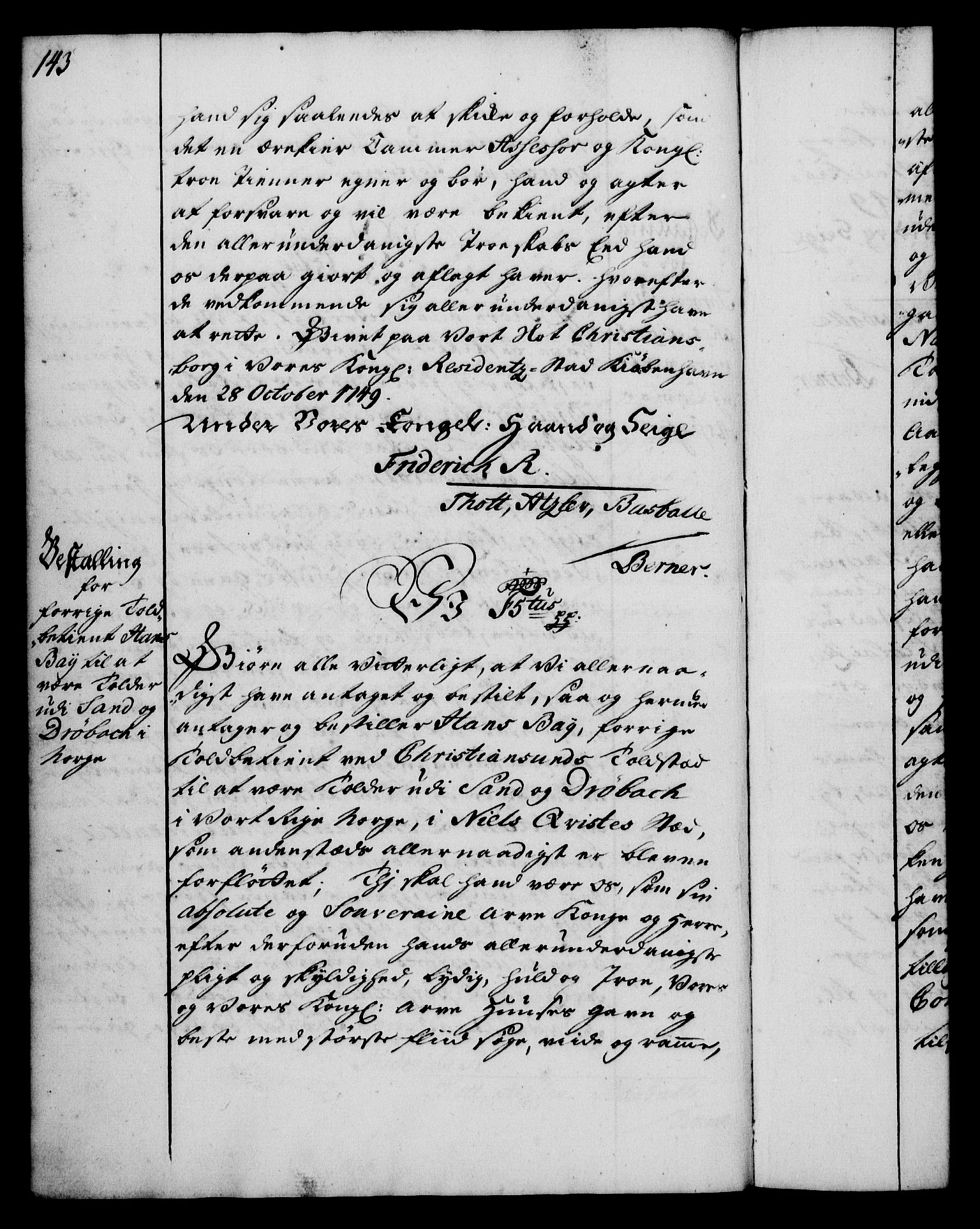 Rentekammeret, Kammerkanselliet, RA/EA-3111/G/Gg/Gge/L0003: Norsk bestallingsprotokoll med register (merket RK 53.27), 1745-1761, p. 143