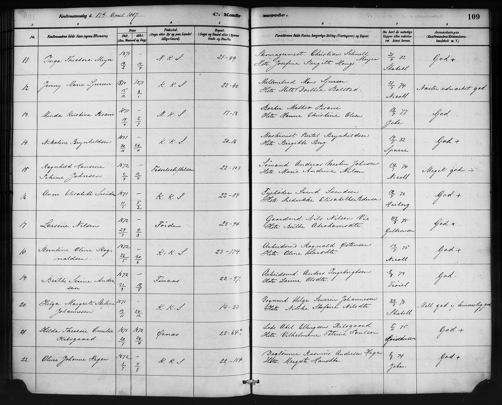 Korskirken sokneprestembete, AV/SAB-A-76101/H/Haa/L0029: Parish register (official) no. C 5, 1880-1892, p. 109