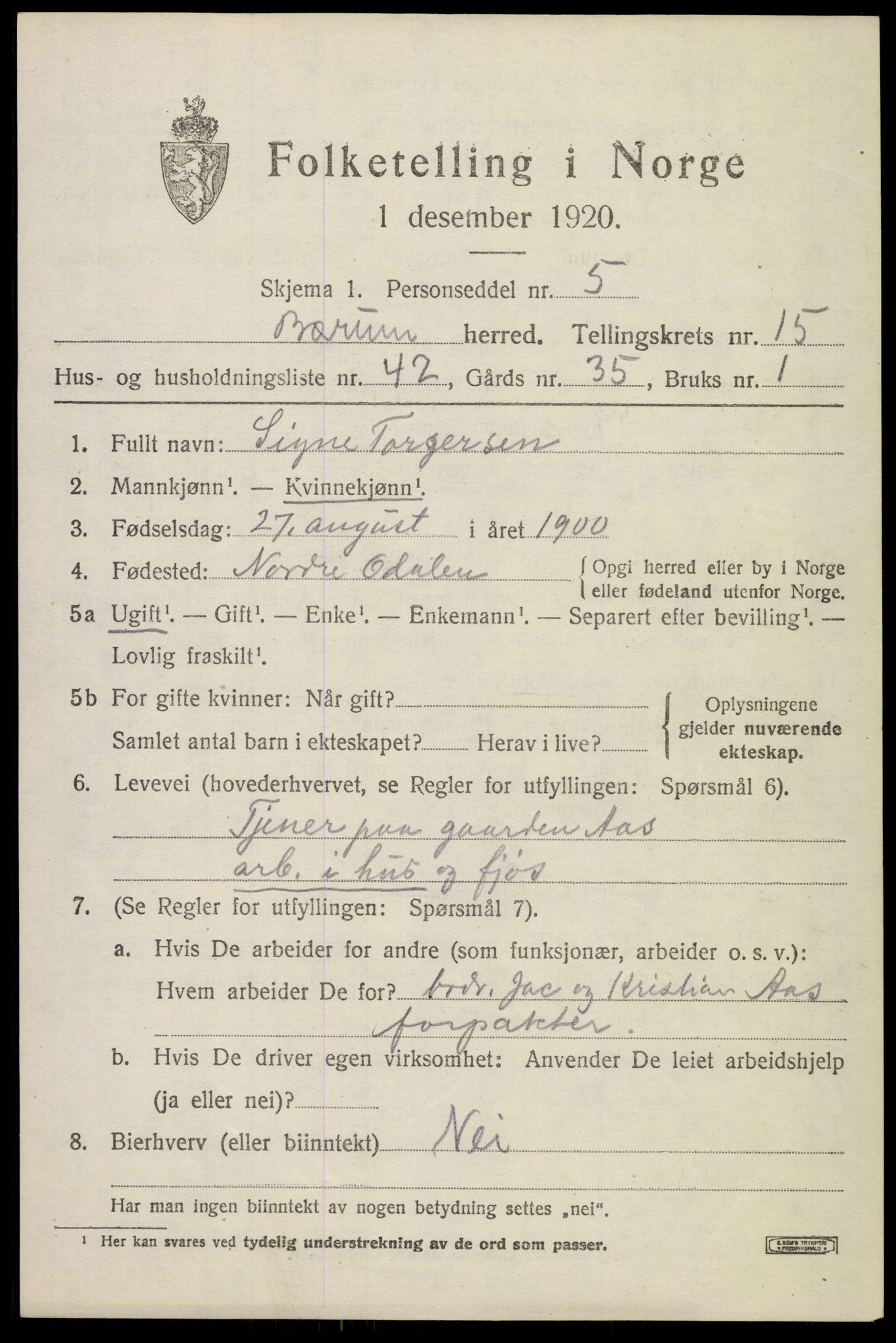 SAO, 1920 census for Bærum, 1920, p. 43080