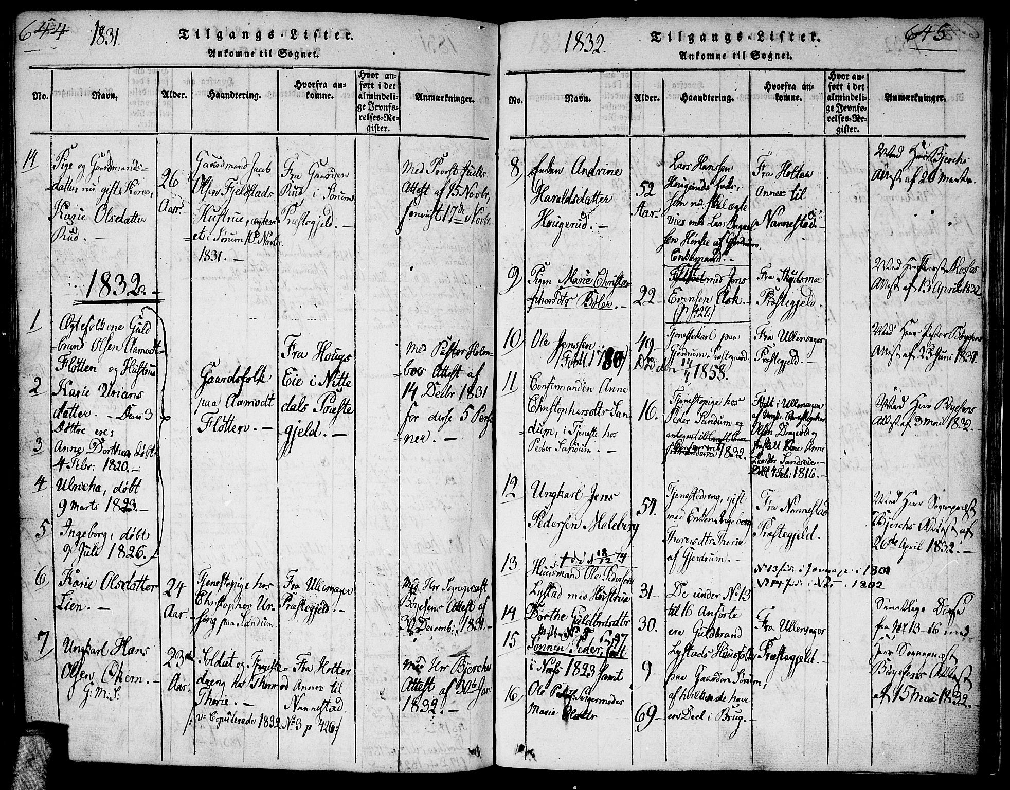 Gjerdrum prestekontor Kirkebøker, AV/SAO-A-10412b/G/Ga/L0001: Parish register (copy) no. I 1, 1816-1837, p. 644-645