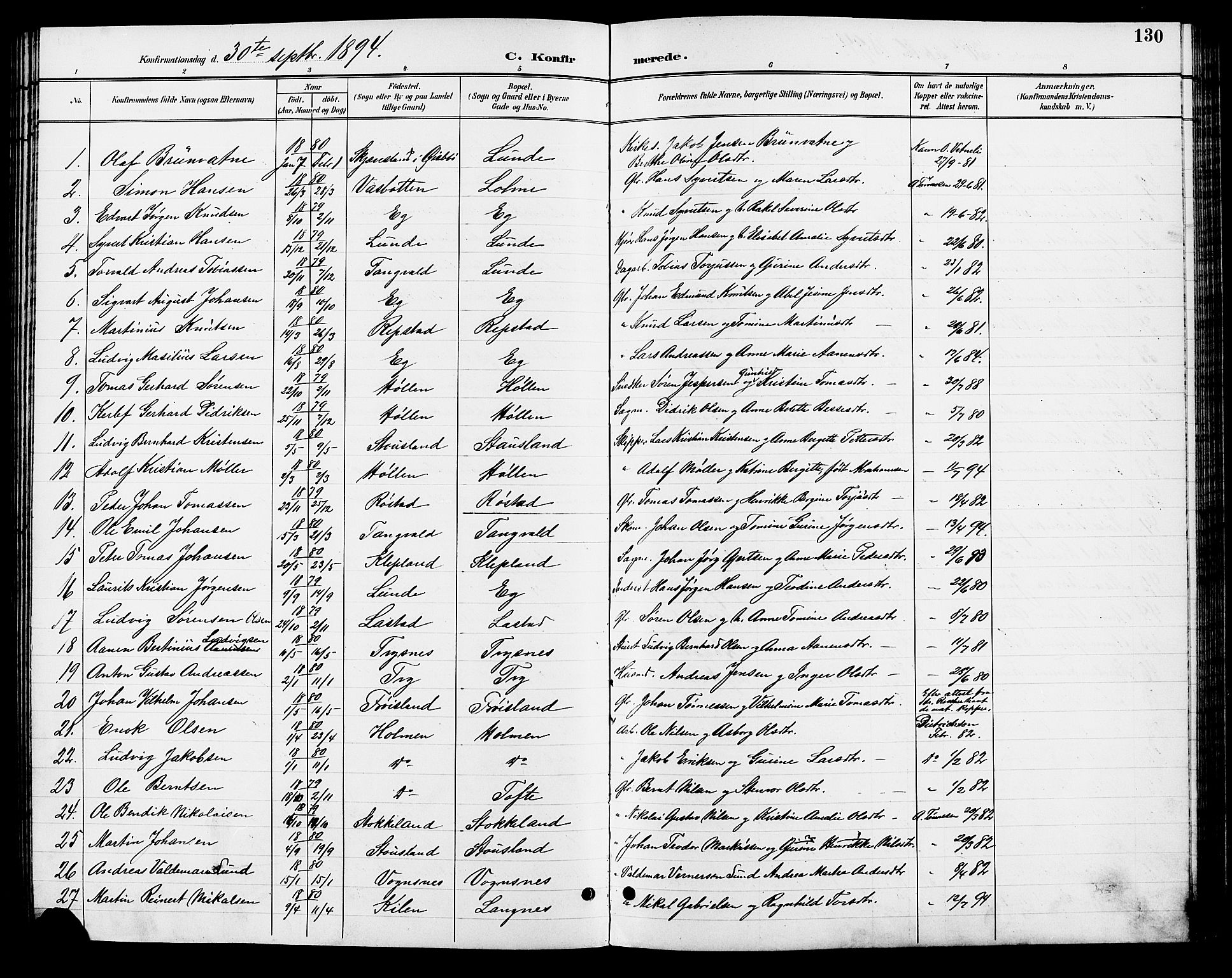 Søgne sokneprestkontor, SAK/1111-0037/F/Fb/Fbb/L0006: Parish register (copy) no. B 6, 1892-1911, p. 130