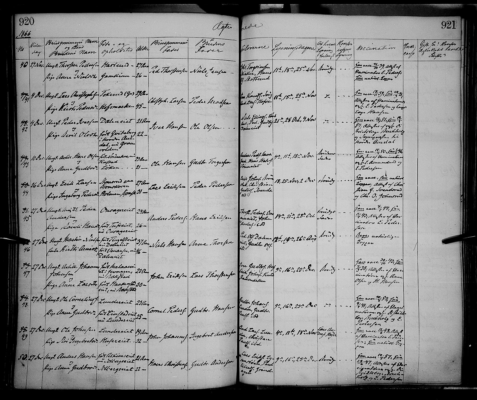 Gran prestekontor, SAH/PREST-112/H/Ha/Haa/L0012: Parish register (official) no. 12, 1856-1874, p. 920-921