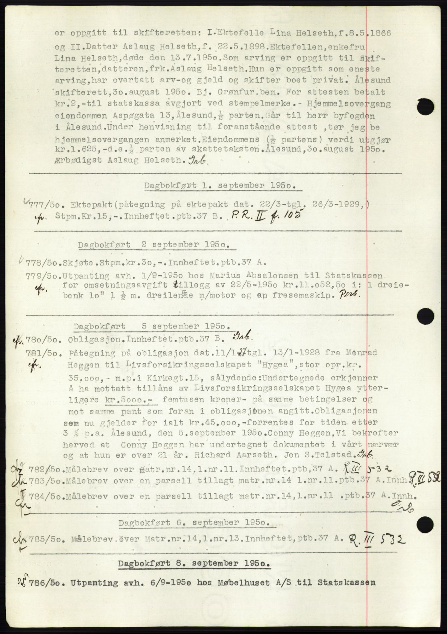 Ålesund byfogd, AV/SAT-A-4384: Mortgage book no. C37, 1950-1951, Diary no: : 777/1950