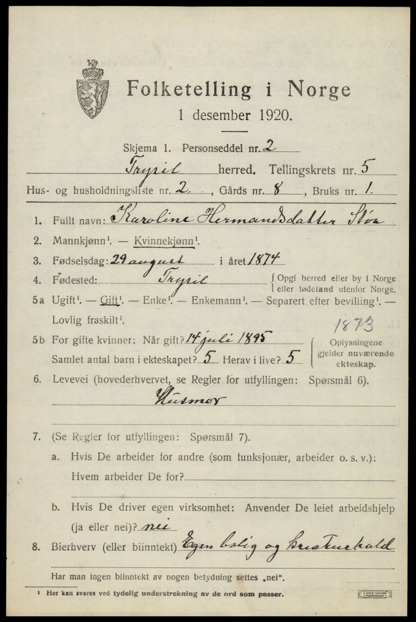 SAH, 1920 census for Trysil, 1920, p. 4325