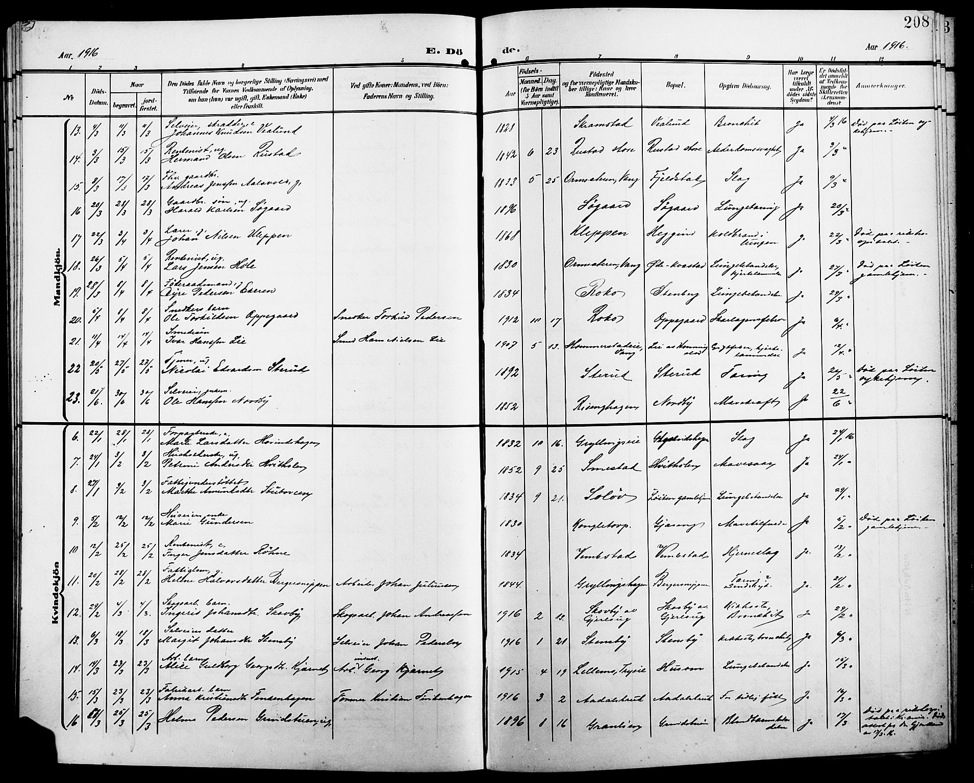 Løten prestekontor, SAH/PREST-022/L/La/L0007: Parish register (copy) no. 7, 1910-1919, p. 208