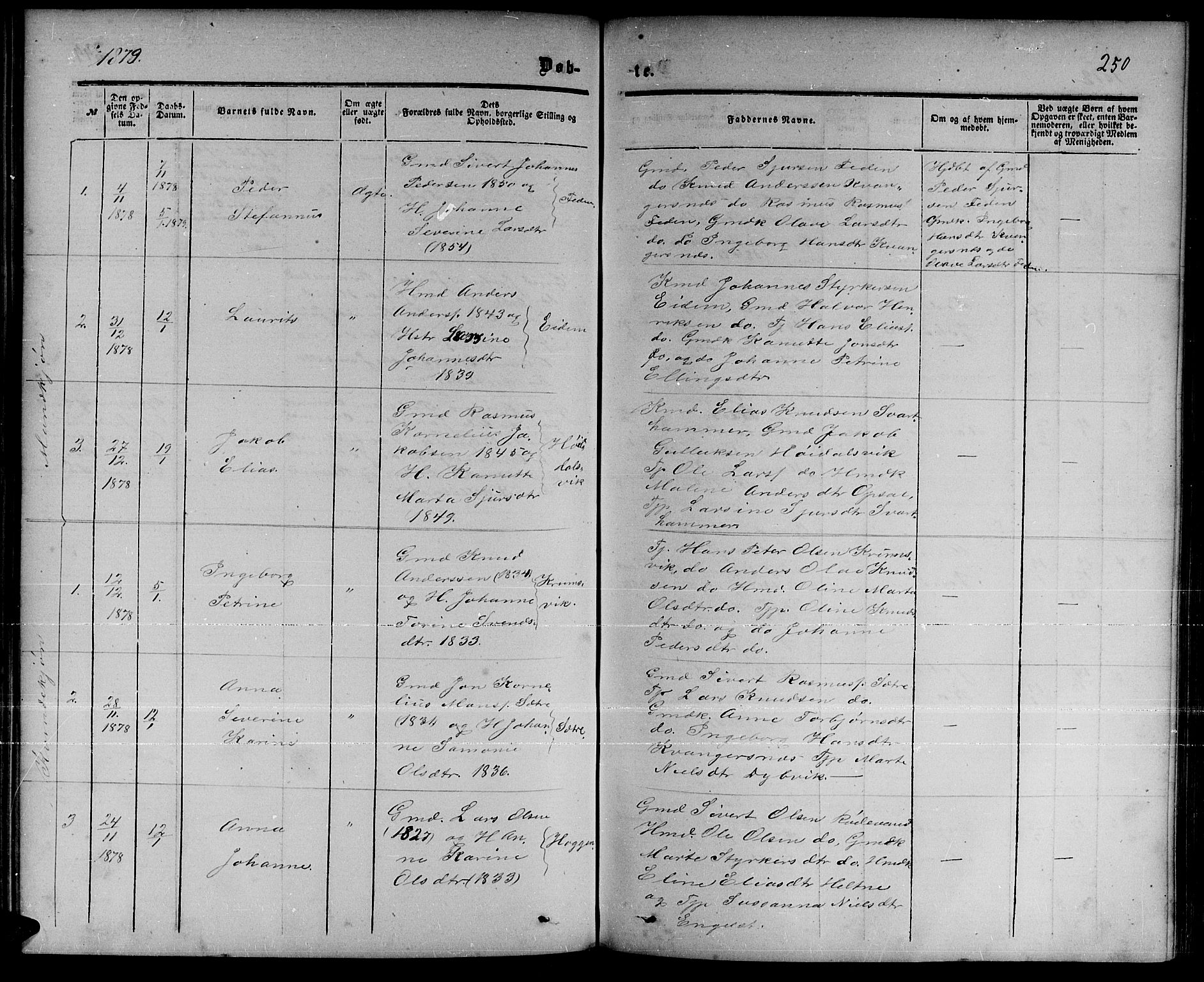 Ministerialprotokoller, klokkerbøker og fødselsregistre - Møre og Romsdal, AV/SAT-A-1454/511/L0157: Parish register (copy) no. 511C03, 1864-1884, p. 250