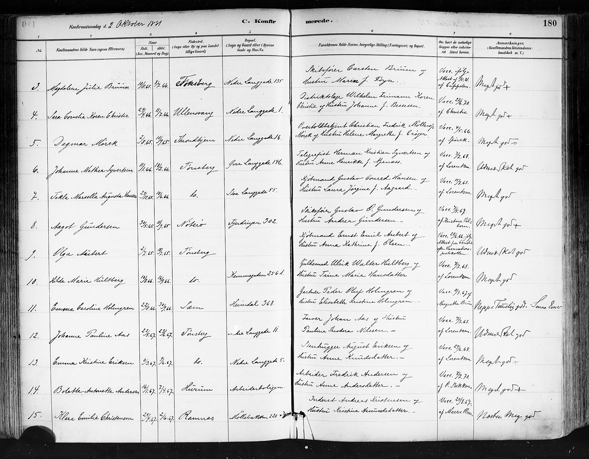 Tønsberg kirkebøker, AV/SAKO-A-330/F/Fa/L0011: Parish register (official) no. I 11, 1881-1890, p. 180