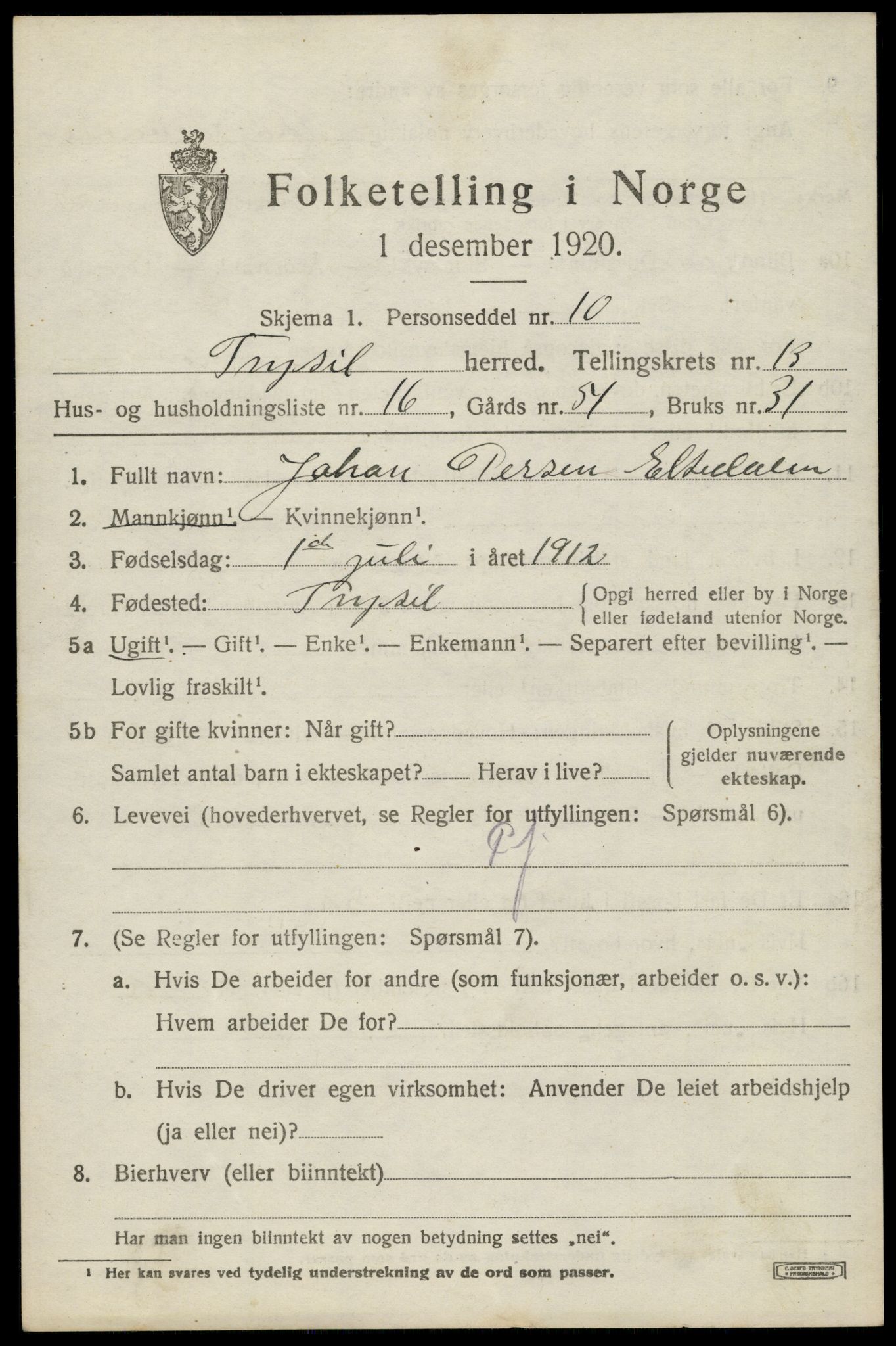 SAH, 1920 census for Trysil, 1920, p. 7859