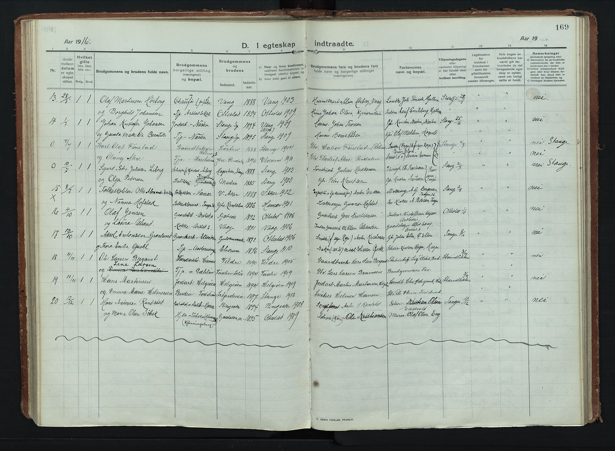 Stange prestekontor, AV/SAH-PREST-002/K/L0028: Parish register (official) no. 28, 1913-1932, p. 169