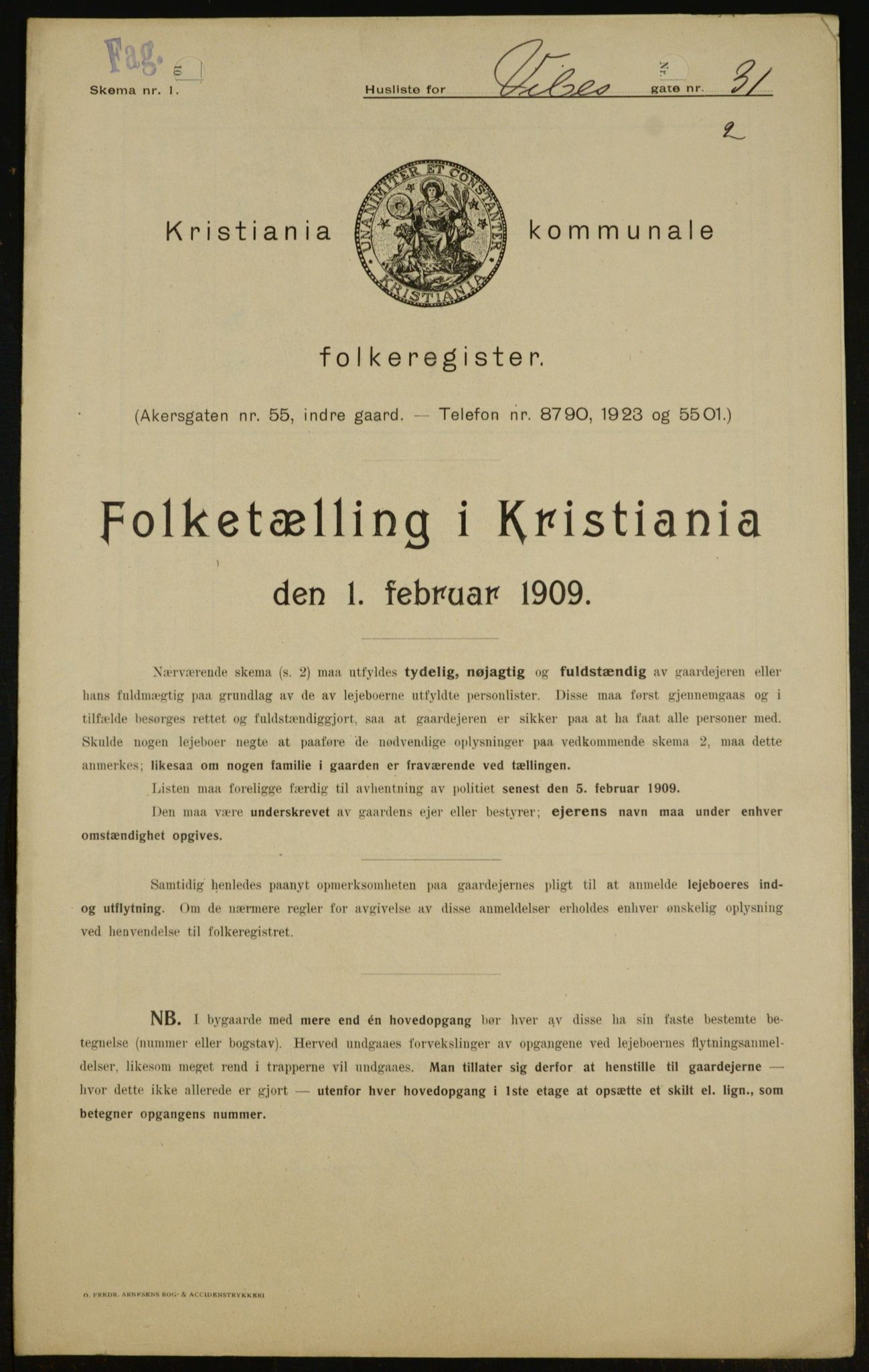 OBA, Municipal Census 1909 for Kristiania, 1909, p. 111999