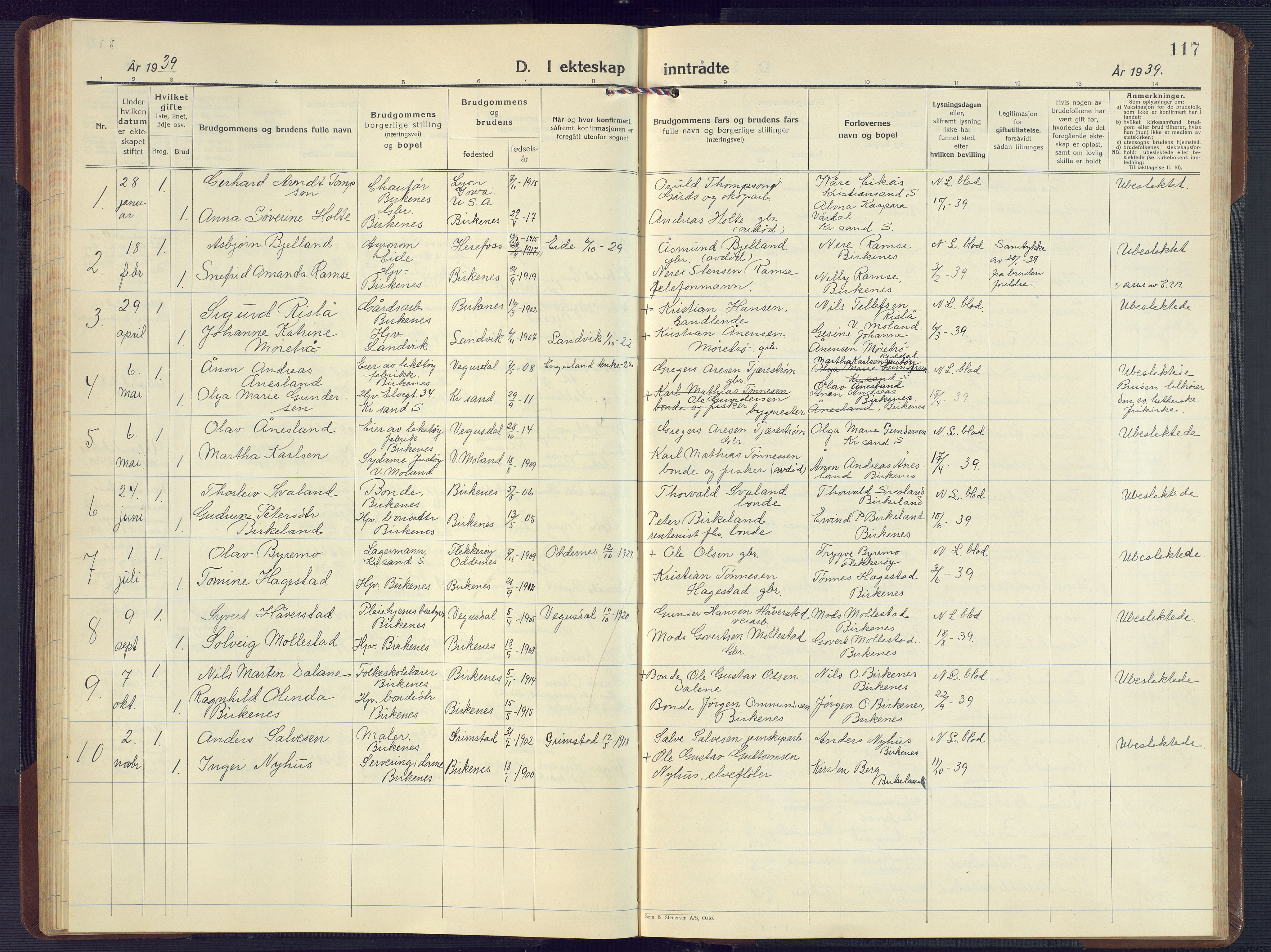 Birkenes sokneprestkontor, SAK/1111-0004/F/Fb/L0005: Parish register (copy) no. B 5, 1930-1957, p. 117