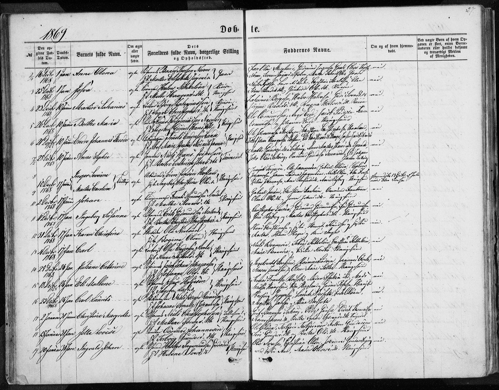 Torvastad sokneprestkontor, AV/SAST-A -101857/H/Ha/Haa/L0012: Parish register (official) no. A 12.1, 1867-1877, p. 27