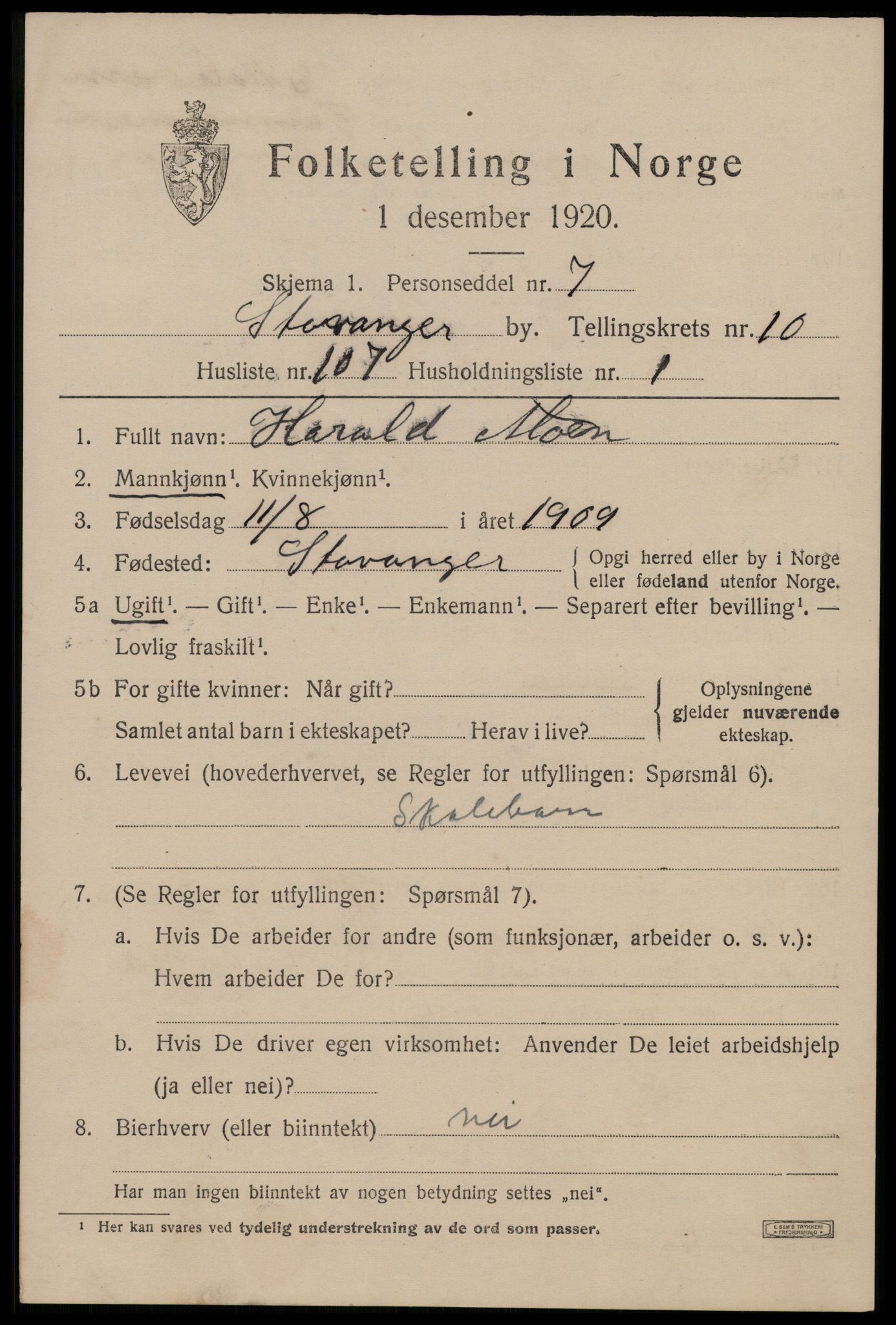 SAST, 1920 census for Stavanger, 1920, p. 53636