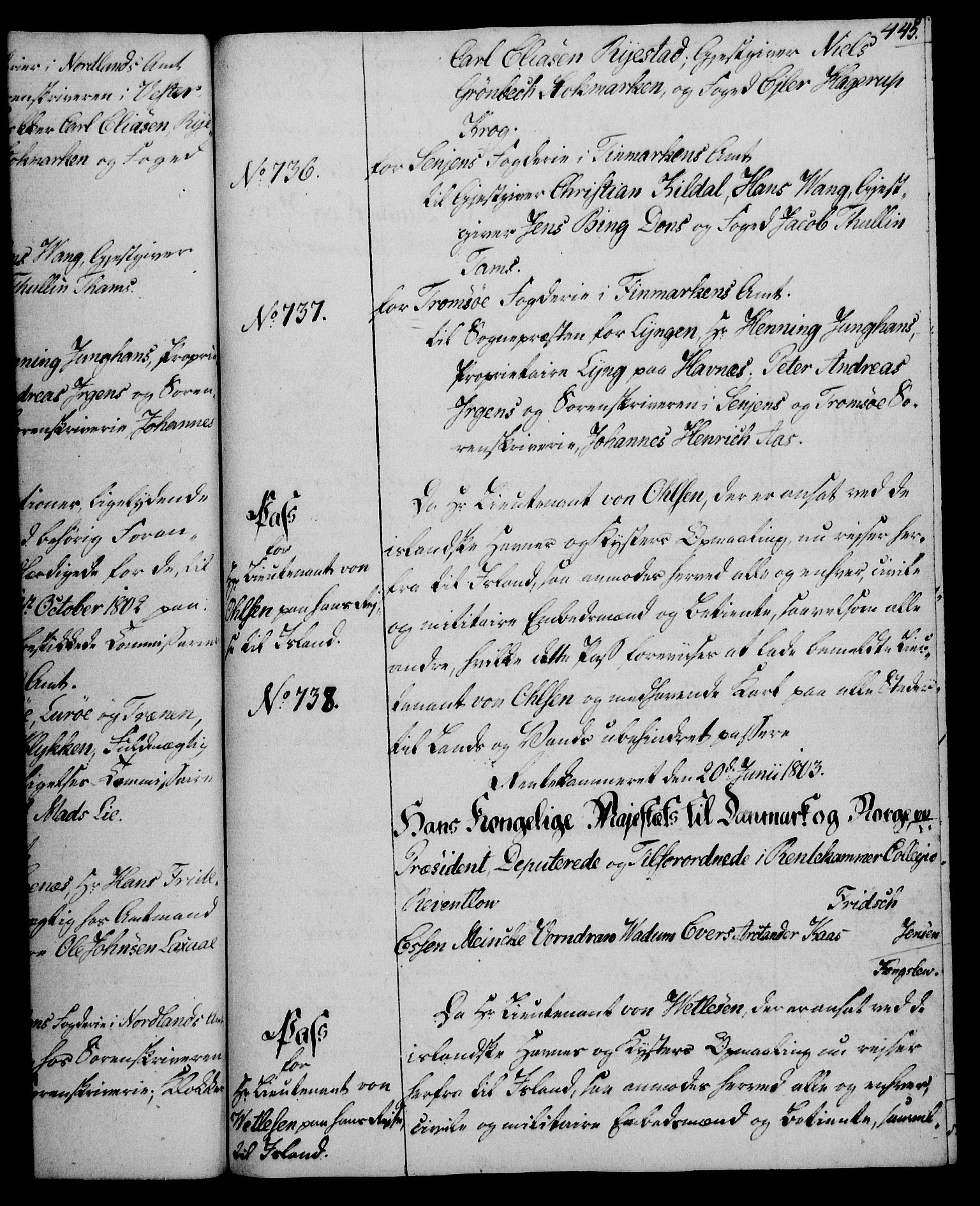Rentekammeret, Kammerkanselliet, RA/EA-3111/G/Gg/Gga/L0017: Norsk ekspedisjonsprotokoll med register (merket RK 53.17), 1801-1803, p. 445