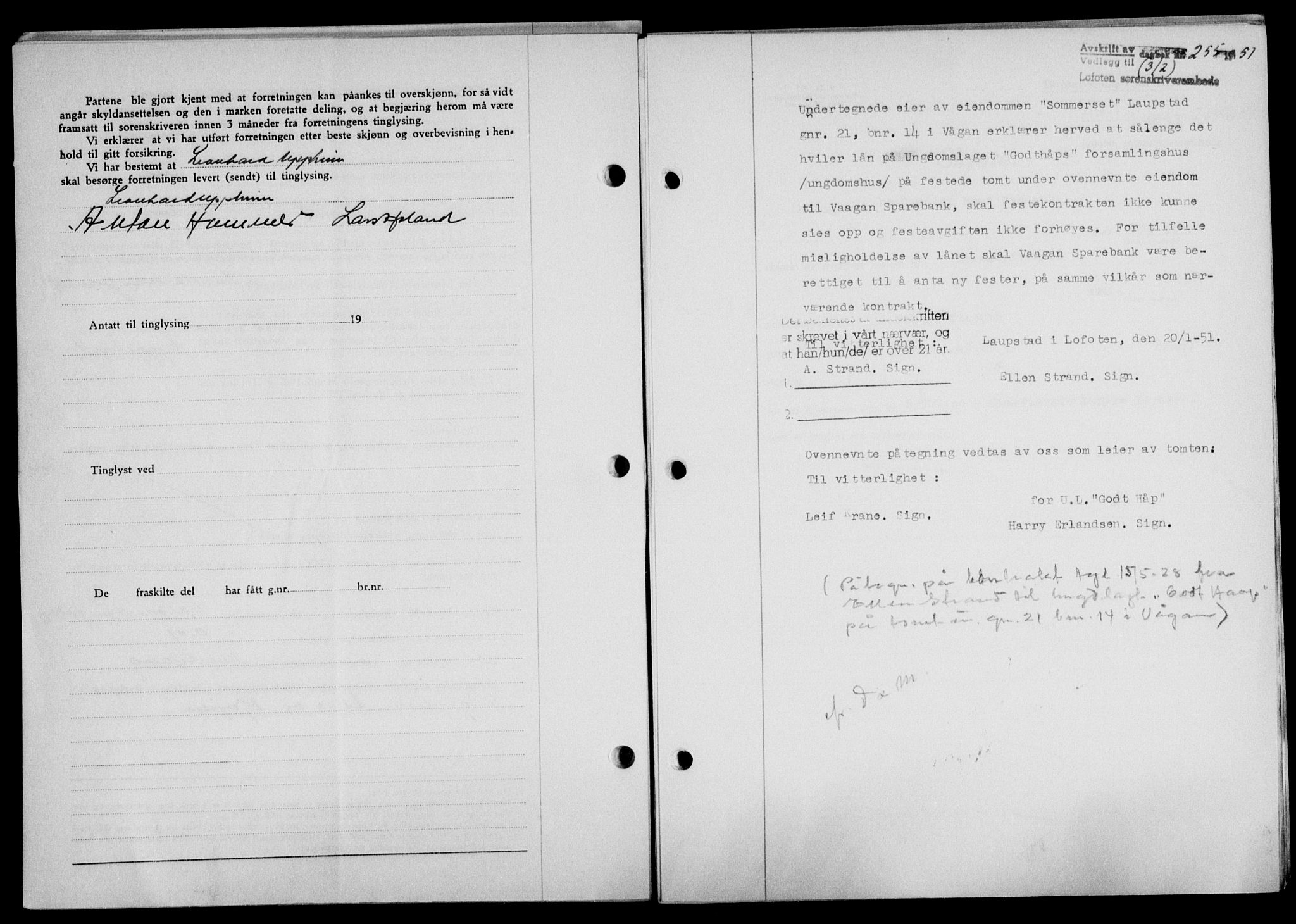Lofoten sorenskriveri, SAT/A-0017/1/2/2C/L0025a: Mortgage book no. 25a, 1950-1951, Diary no: : 255/1951