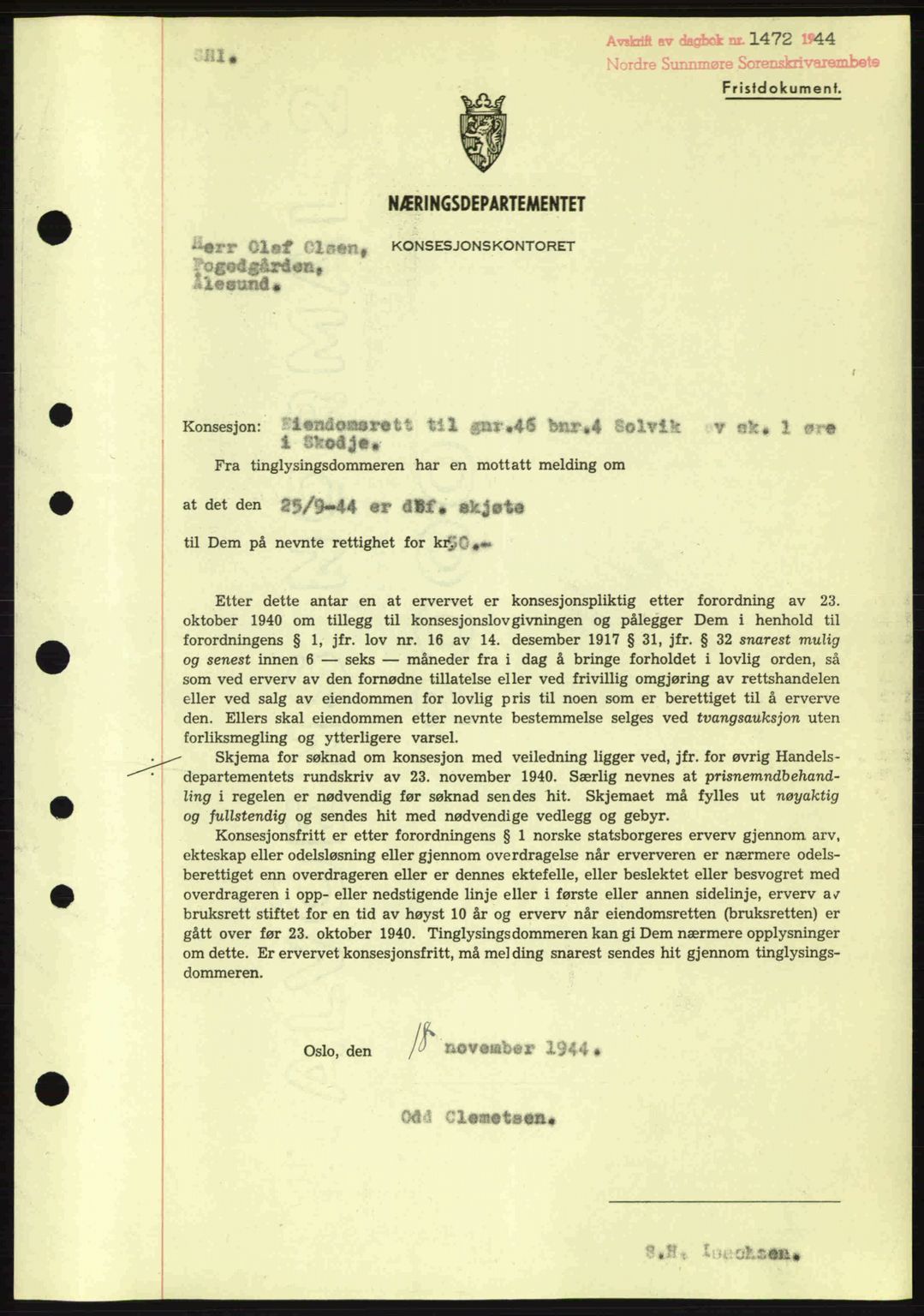 Nordre Sunnmøre sorenskriveri, SAT/A-0006/1/2/2C/2Ca: Mortgage book no. B6-14 a, 1942-1945, Diary no: : 1472/1944