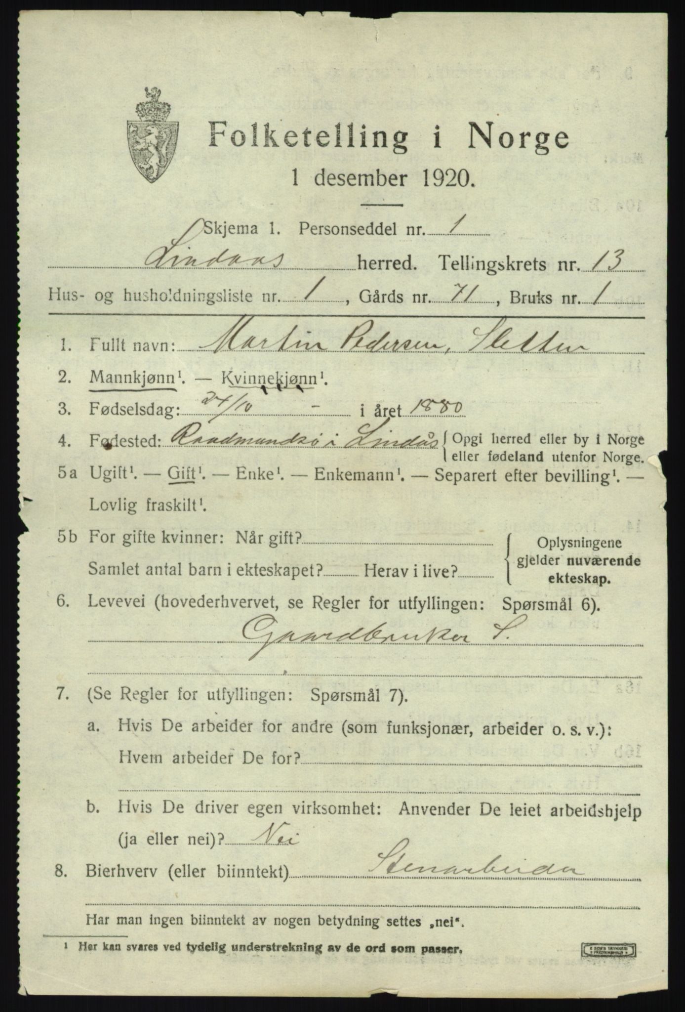 SAB, 1920 census for Lindås, 1920, p. 6305
