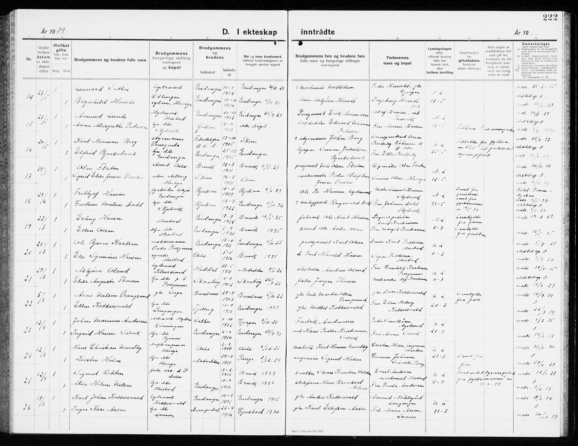 Eidanger kirkebøker, AV/SAKO-A-261/G/Ga/L0005: Parish register (copy) no. 5, 1928-1942, p. 222