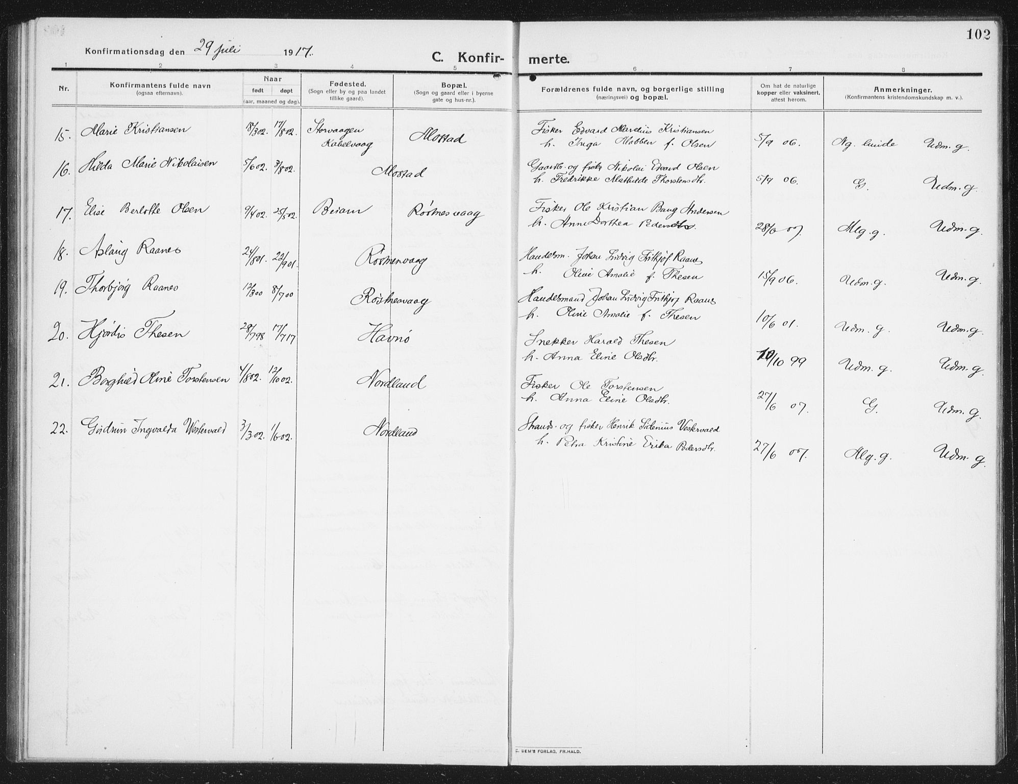 Ministerialprotokoller, klokkerbøker og fødselsregistre - Nordland, AV/SAT-A-1459/807/L0124: Parish register (copy) no. 807C02, 1910-1935, p. 102