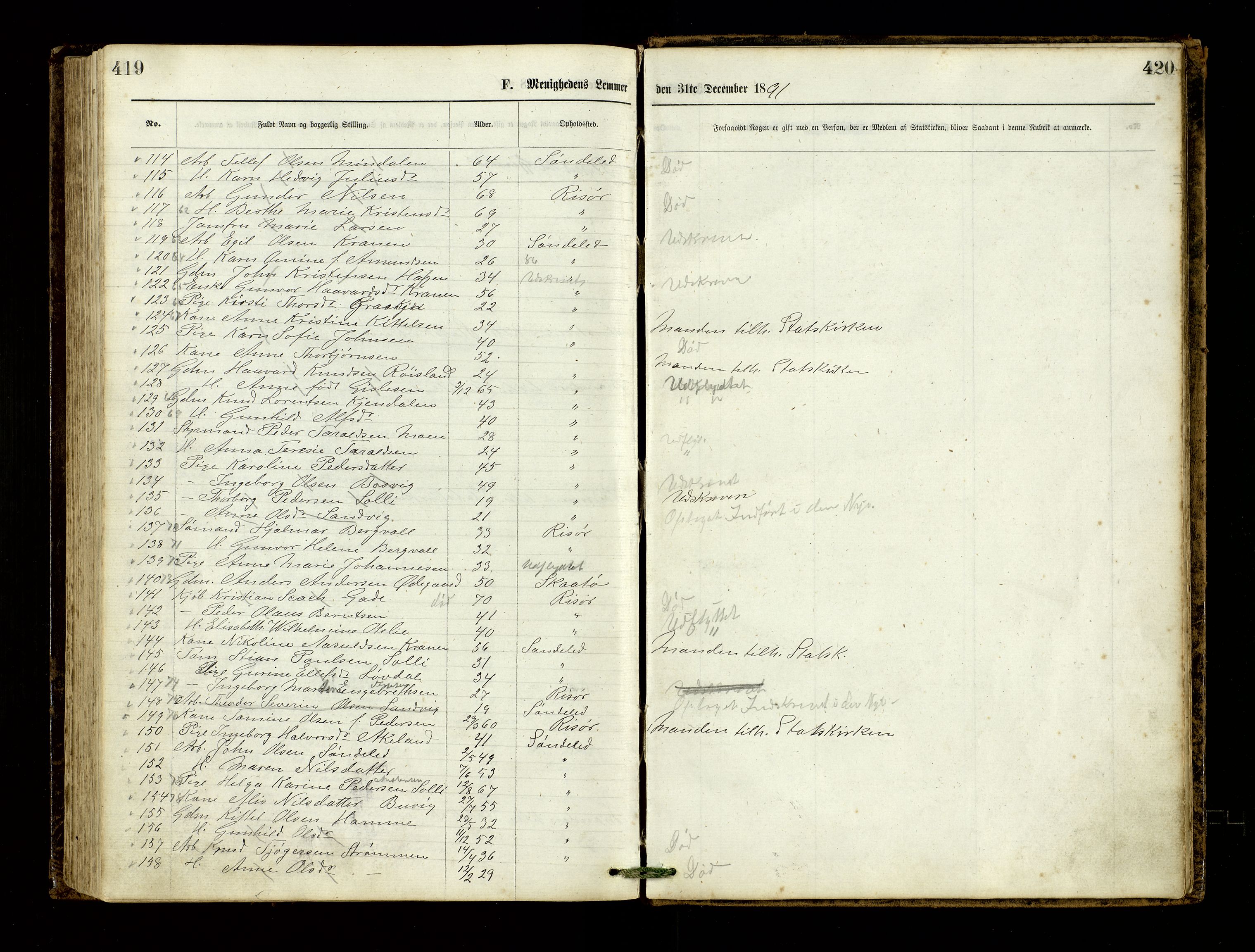 Den evangelisk-lutherske frimenighet, Risør, AV/SAK-1292-0007/F/Fa/L0001: Dissenter register no. F 17, 1877-1892, p. 419-420