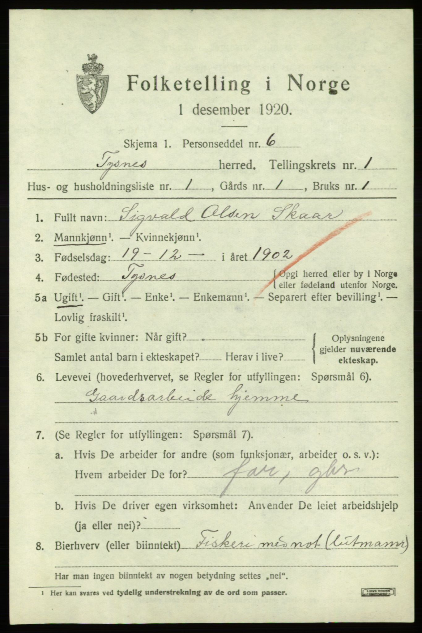 SAB, 1920 census for Tysnes, 1920, p. 1656