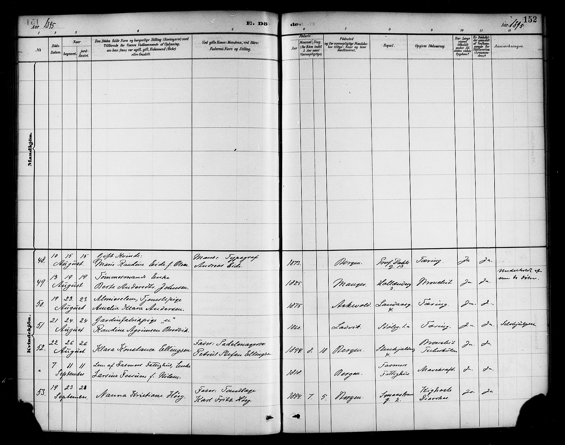 Korskirken sokneprestembete, SAB/A-76101/H/Haa/L0047: Parish register (official) no. E 5, 1884-1910, p. 152