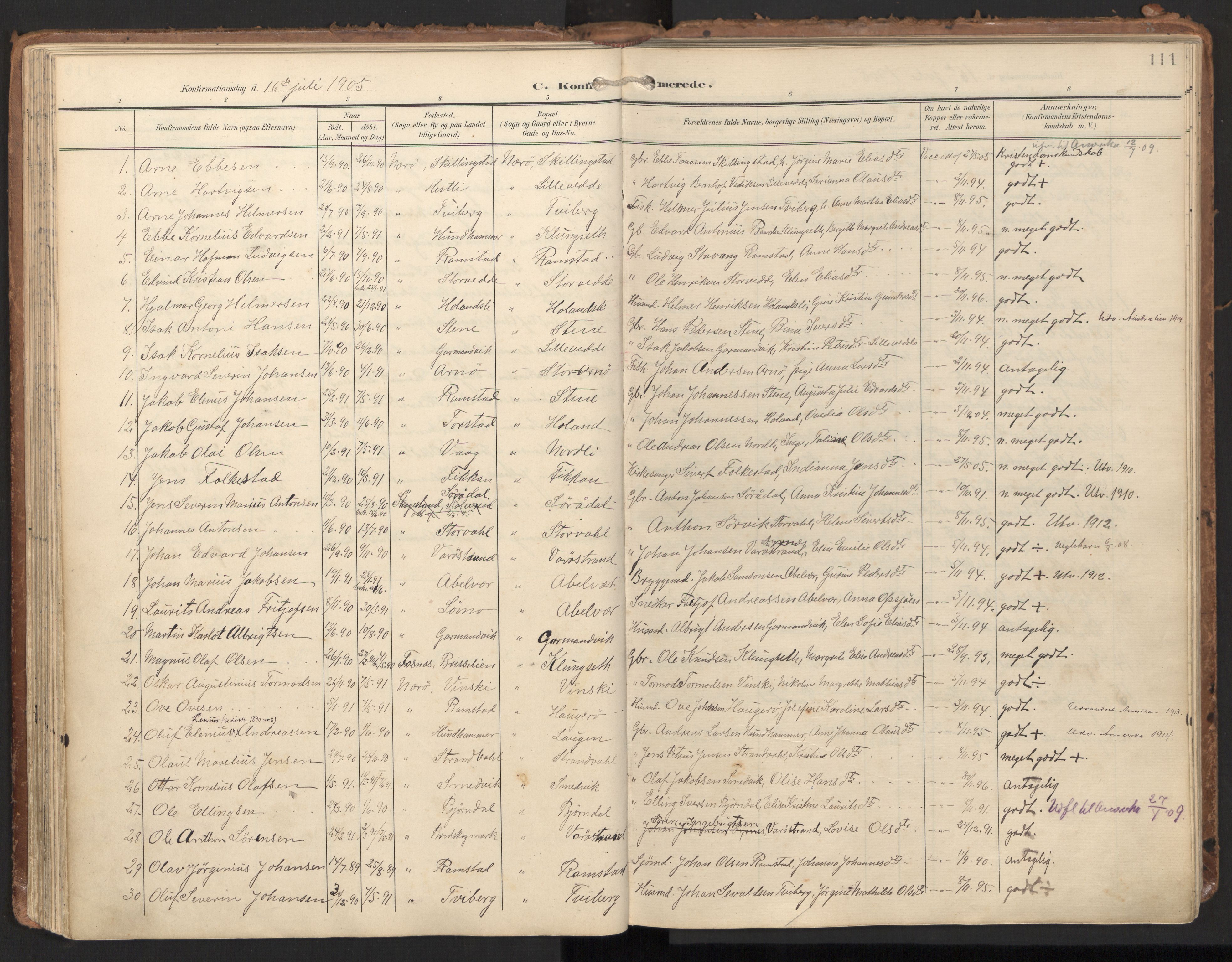 Ministerialprotokoller, klokkerbøker og fødselsregistre - Nord-Trøndelag, AV/SAT-A-1458/784/L0677: Parish register (official) no. 784A12, 1900-1920, p. 111