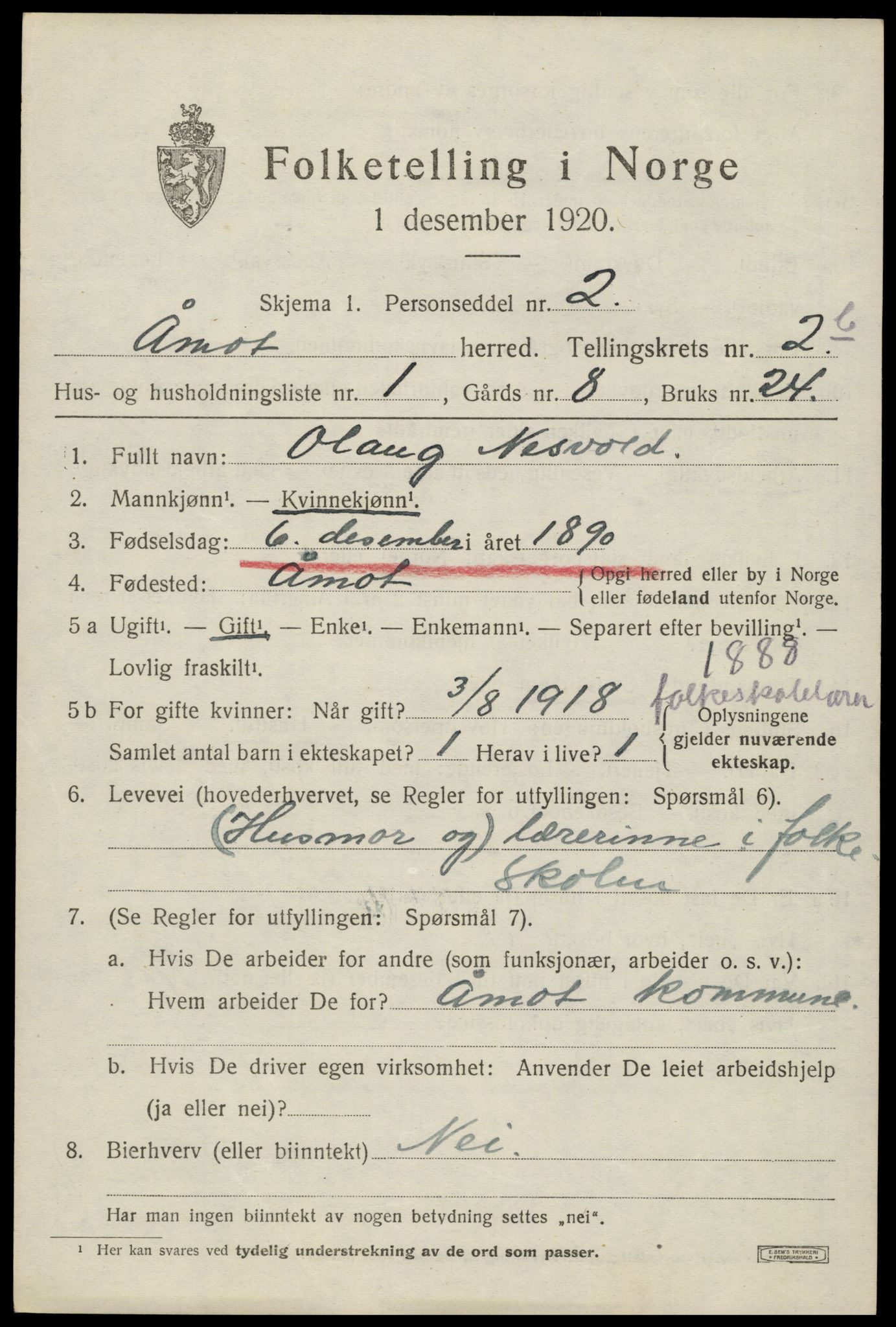 SAH, 1920 census for Åmot, 1920, p. 3835