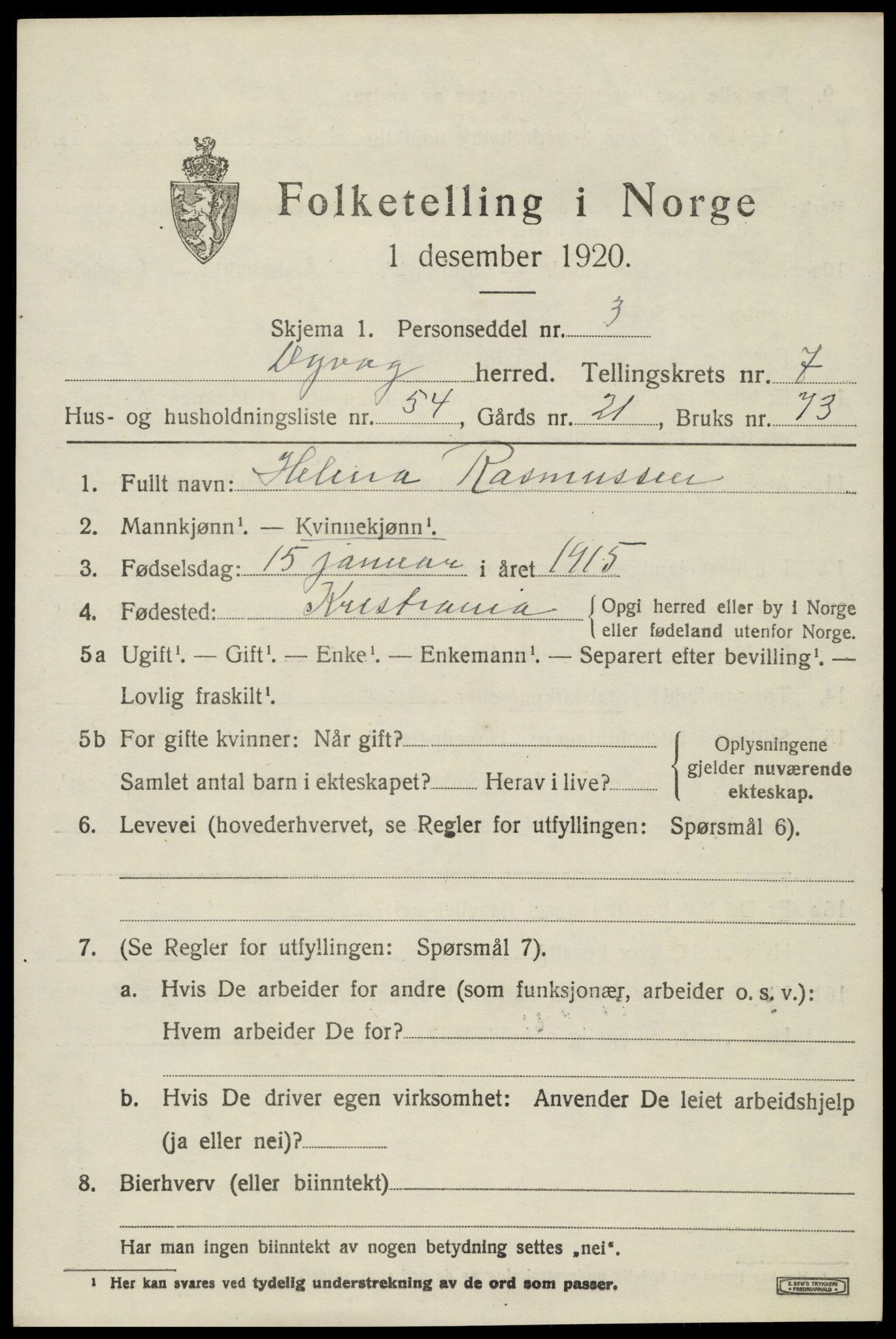 SAK, 1920 census for Dypvåg, 1920, p. 6203