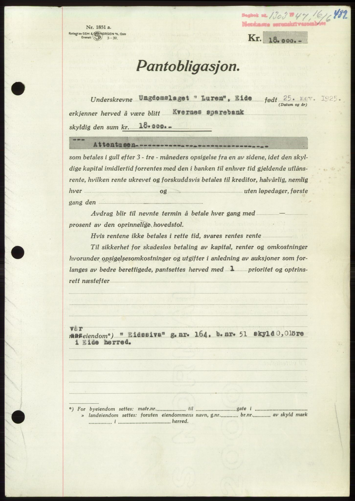 Nordmøre sorenskriveri, AV/SAT-A-4132/1/2/2Ca: Mortgage book no. B96, 1947-1947, Diary no: : 1303/1947