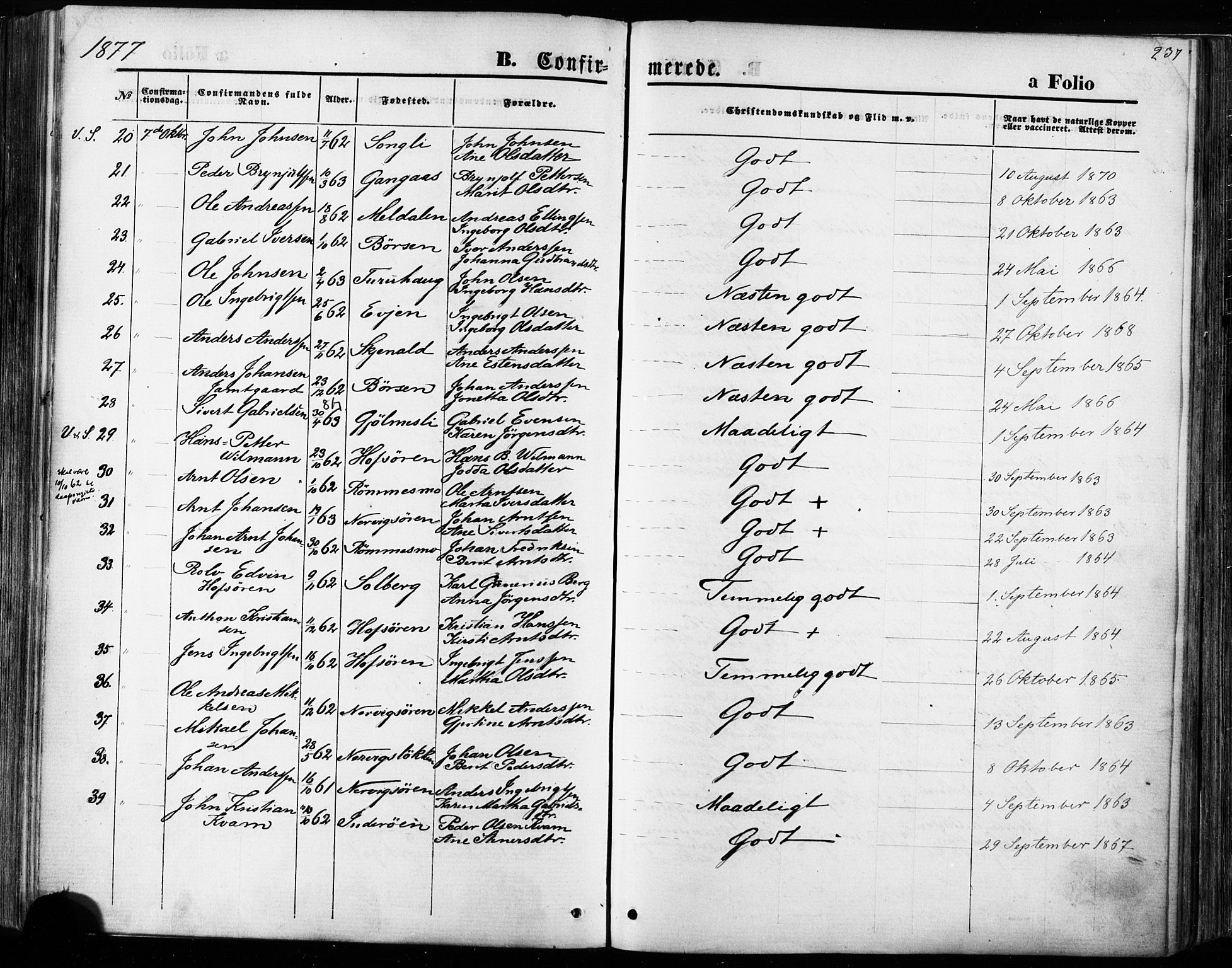 Ministerialprotokoller, klokkerbøker og fødselsregistre - Sør-Trøndelag, AV/SAT-A-1456/668/L0807: Parish register (official) no. 668A07, 1870-1880, p. 237