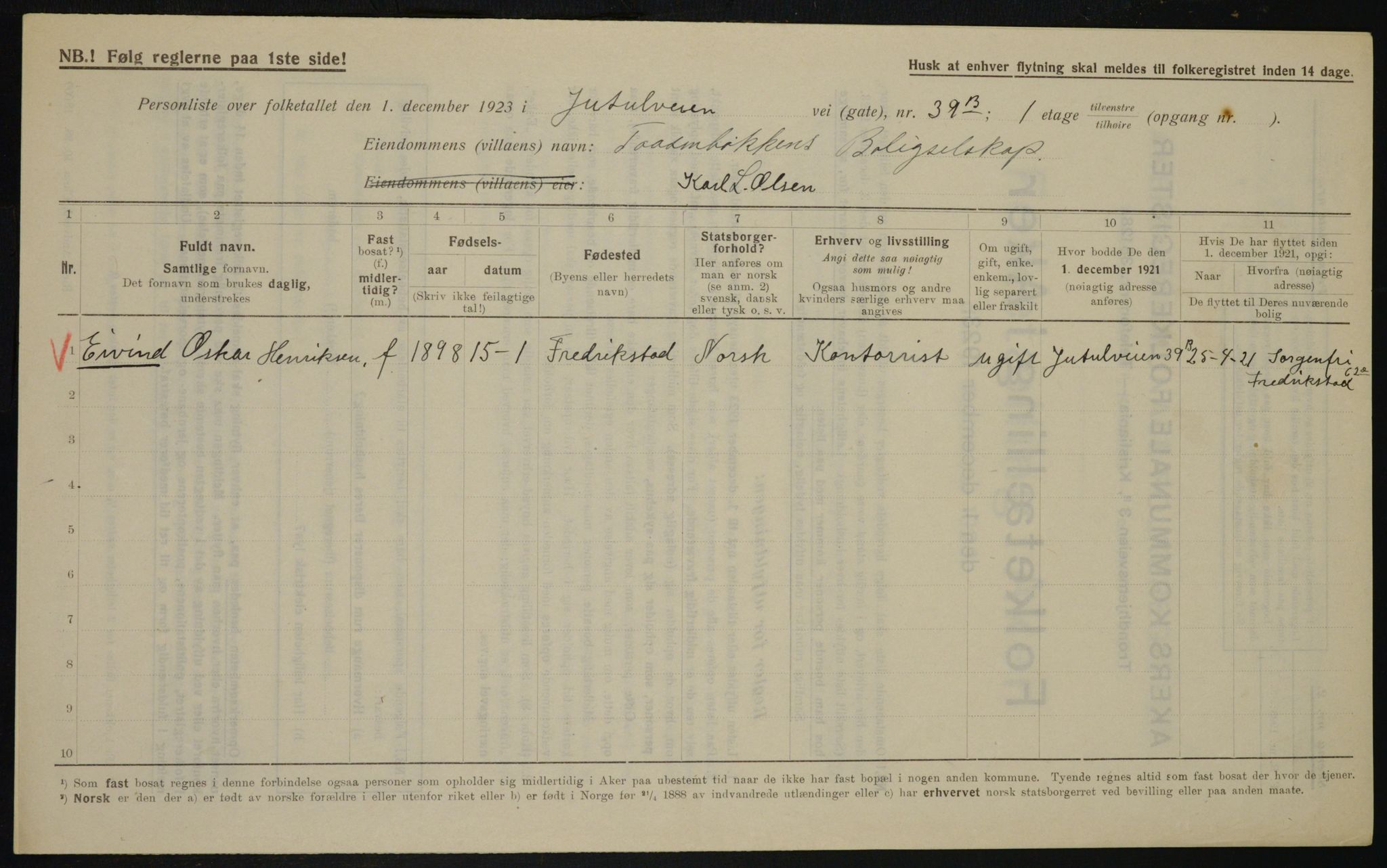 , Municipal Census 1923 for Aker, 1923, p. 21239